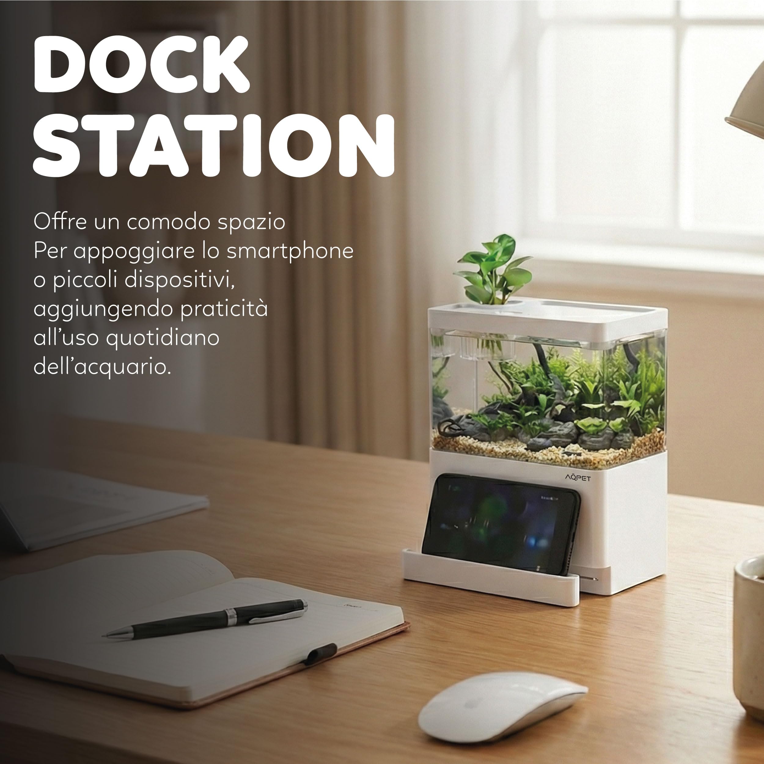 AQPET HYDO Acquario da Scrivania Multifunzionale in Acrilico con Dock Station per Smartphone – Mini Acquario con Pompa e Filtro, LED 5 Modalità e Modulo Idroponico, Ideale per Betta e Caridine