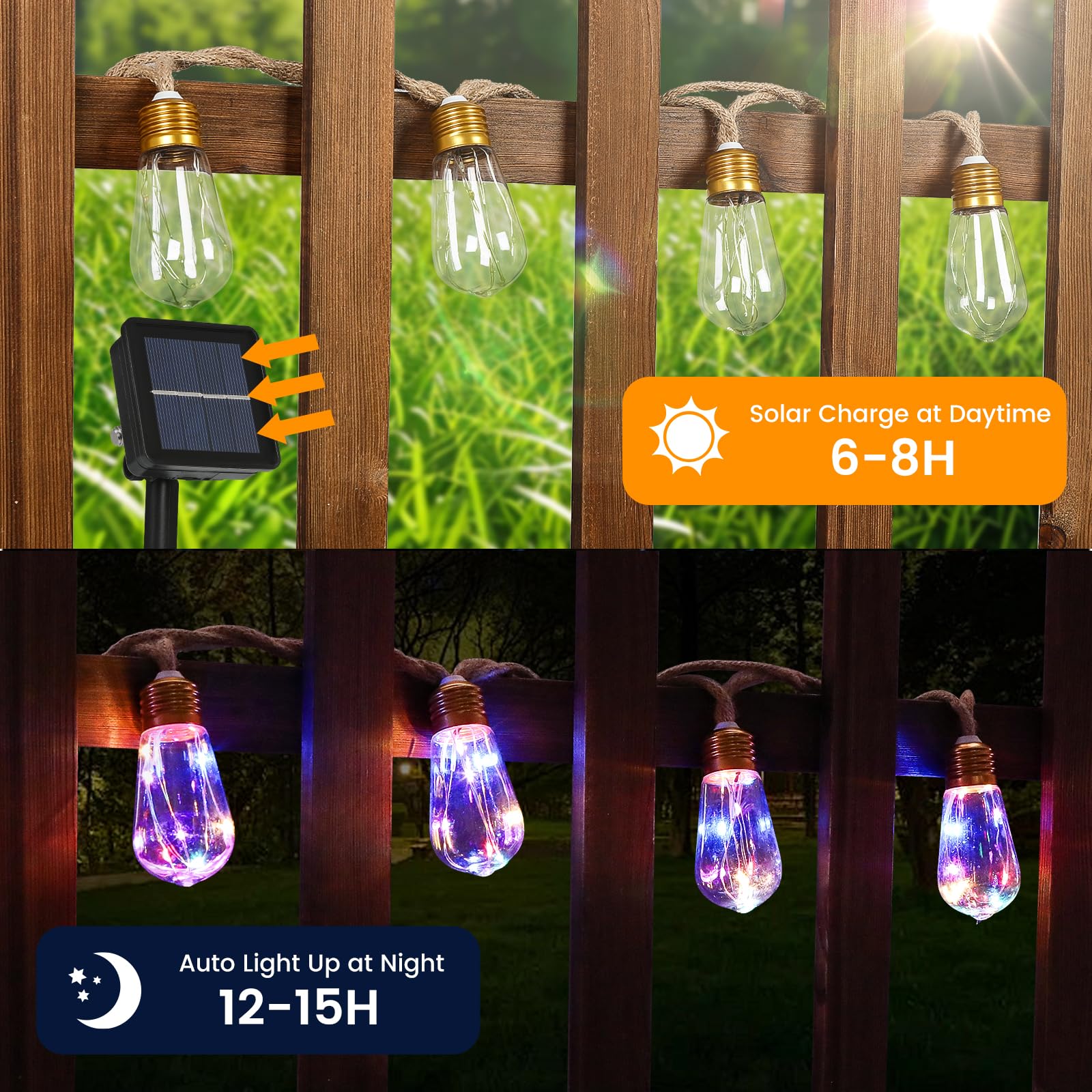 Solar-Lichterkette für den Außenbereich, 7,6 m, Vintage-Seil, Hanf-Solarleuchten mit 20 bruchsicheren Leuchtmitteln, 8 Modi, solarbetriebene Lichter mit Memory-Funktion, wasserdicht für Zaun, Balkon,