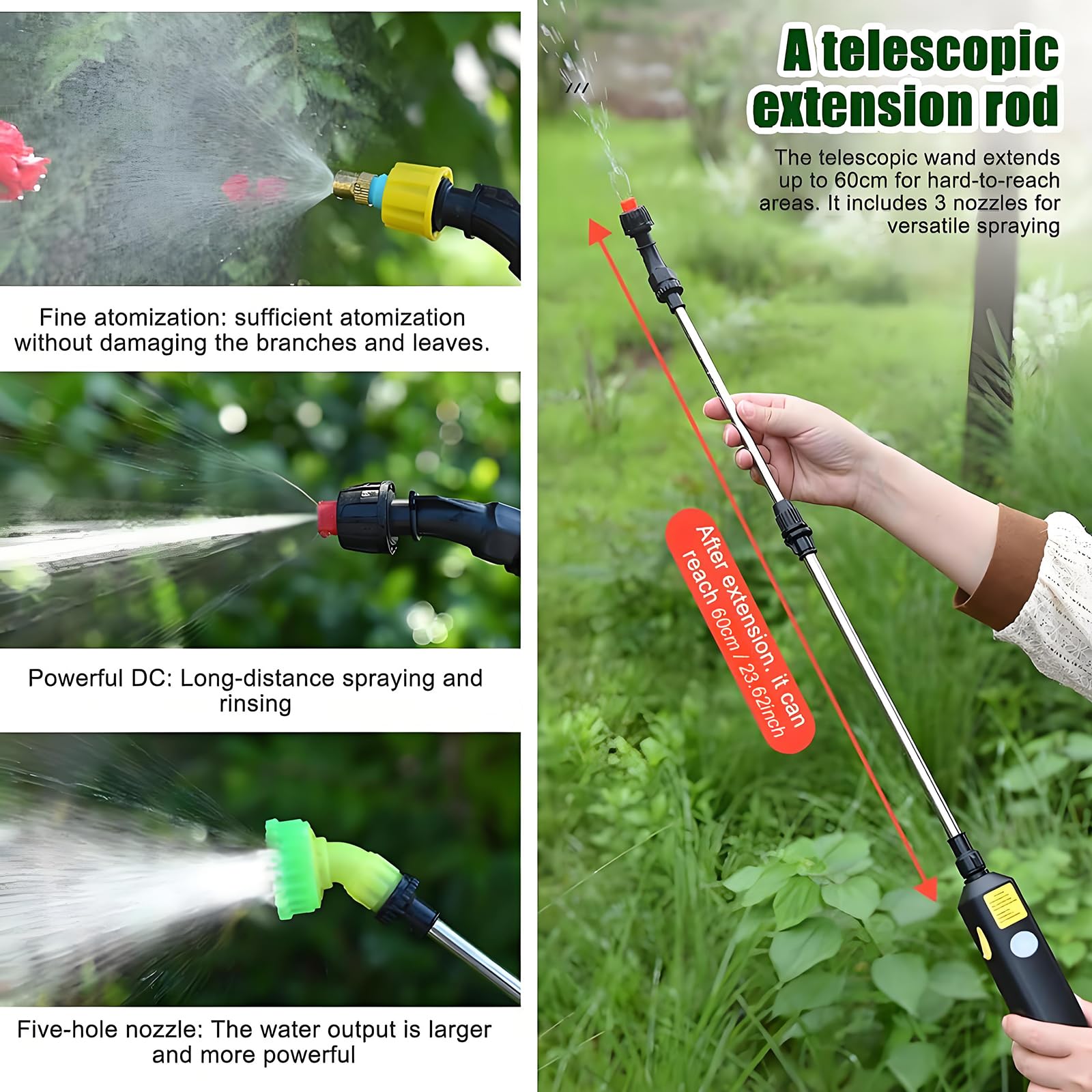 Spruzzatore da giardino alimentato a batteria, pompa a pressione portatile ricaricabile da 5 litri con 3 ugelli e asta estensibile per innaffiare piante e pulizia