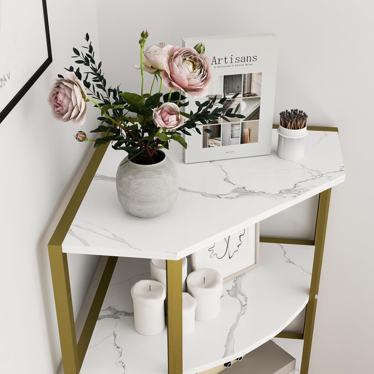 4 Tier Corner Bookshelf, Industrial Corner Shelves Plant Stand Small Short Corner Shelf Table, Wood Corner Display Shelf Corner Shelving Unit for Small Spaces, Living Room, Bedroom (White)