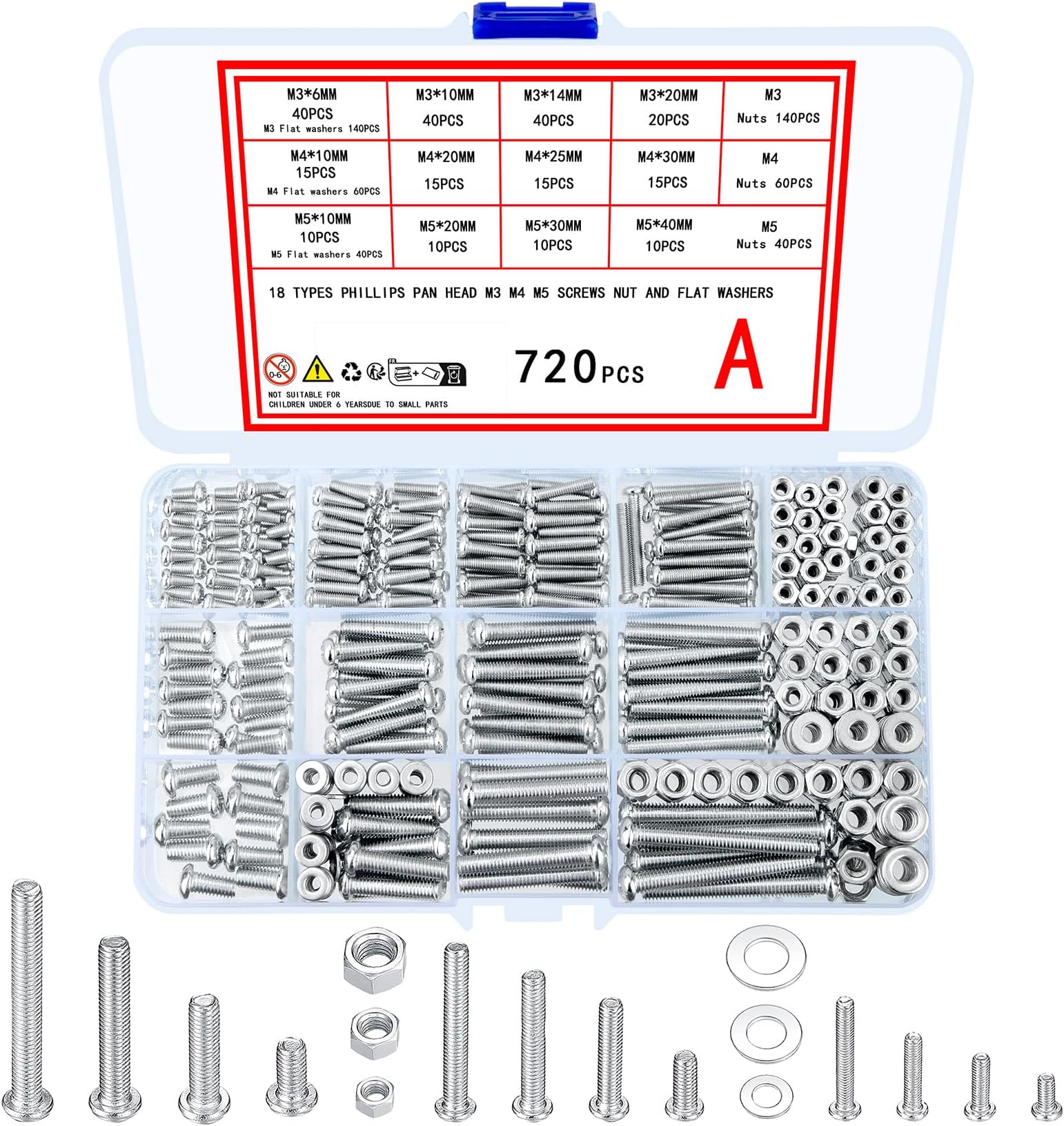 720 Pcs Nuts and Bolts Assortment Kit, M3 M4 M5 Carbon Steel Screws Bolts and Nuts and Washers Assortment Set, Assorted Cross Pan Head Machine Screws Set, with Storage Case