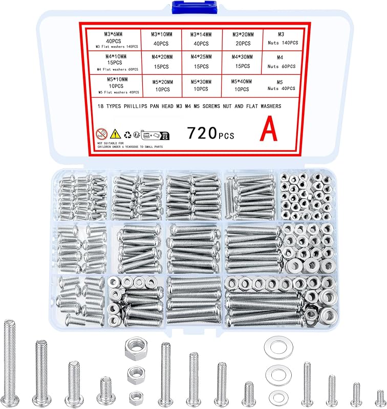 720 Pcs Nuts and Bolts Assortment Kit, M3 M4 M5 Carbon Steel Screws Bolts and Nuts and Washers Assortment Set, Assorted Cross Pan Head Machine Screws Set, with Storage Case