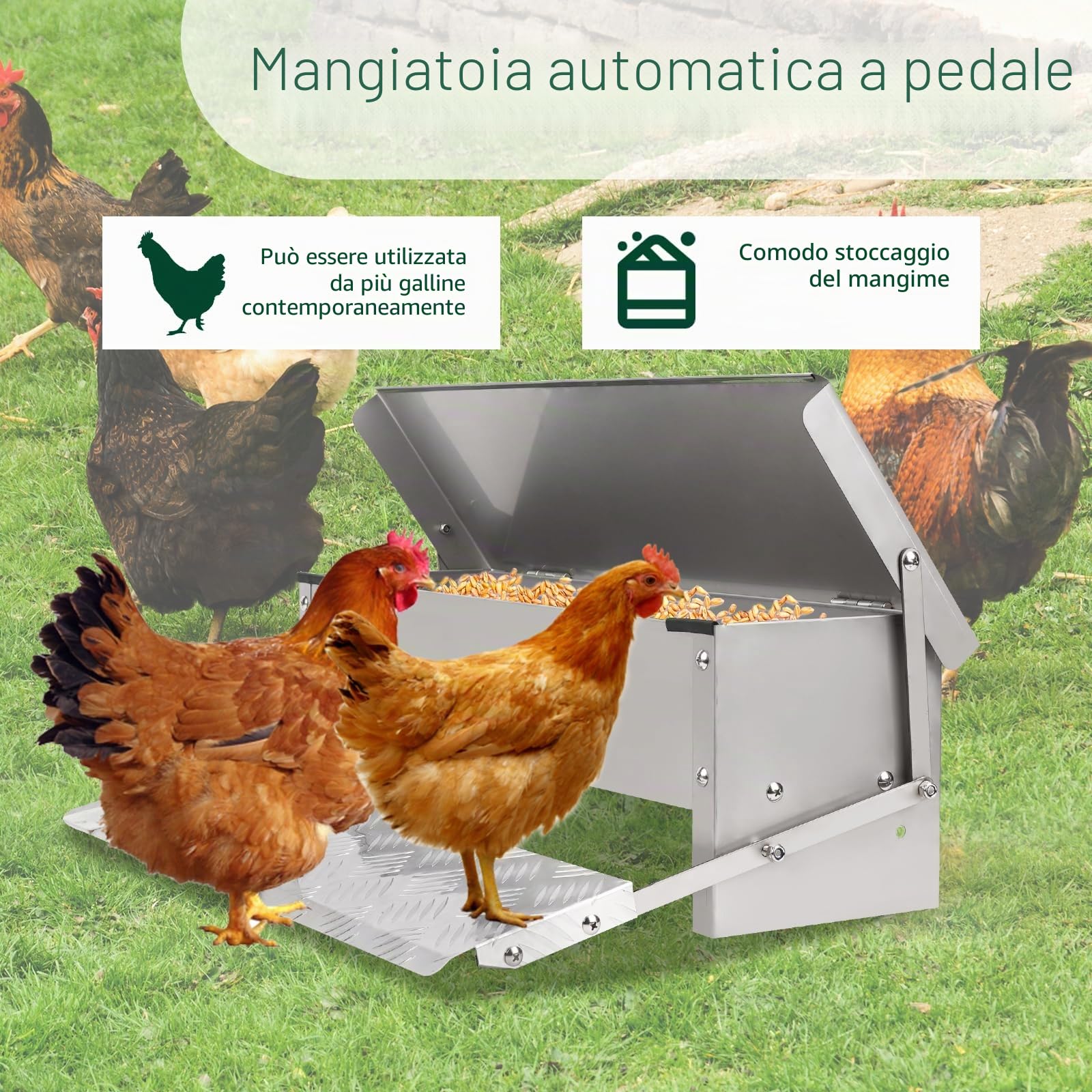 Mangiatoia per Polli a Pedale, Mangiatoia Automatica per Polli da 5 Kg Senza Rifiuti per Pollame con Coperchio Resistente Alle Intemperie e Pala per Galline, Anatre e Polli