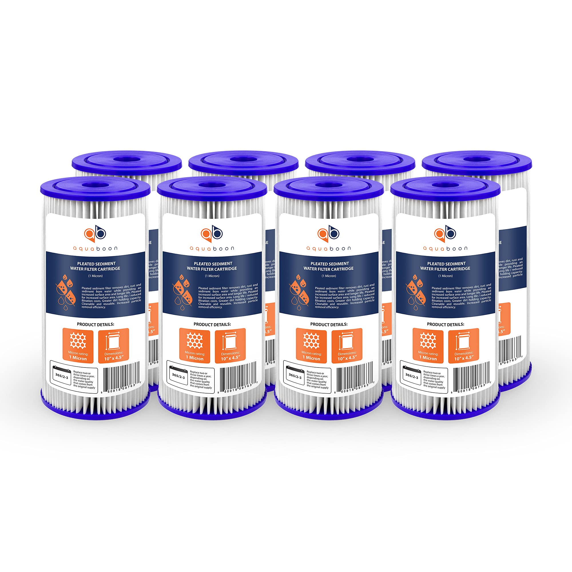Aquaboon 1 Micron 10" x 4.5" Pleated Sediment Water Filter Replacement Cartridge | Whole House Sediment Filtration | Compatible with FM-BB-10-1, ECP1-BB, FM-BB-10-1A, HDC3001, WPC1FF975, 8-Pack