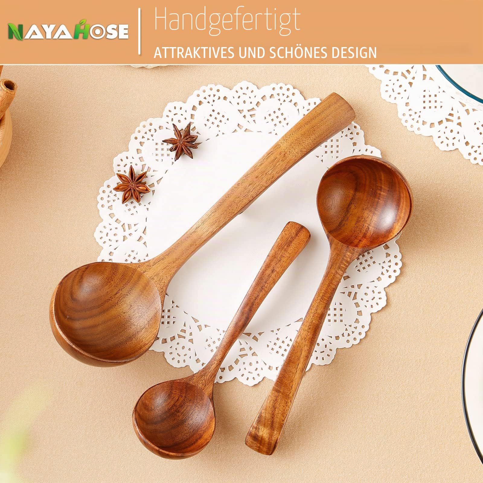 Holzkelle Suppen-Set, 3 Größen, Holzlöffel zum Kochen, antihaftbeschichtet, Kochlöffel aus natürlichem Teakholz, Küchenutensilien-Set