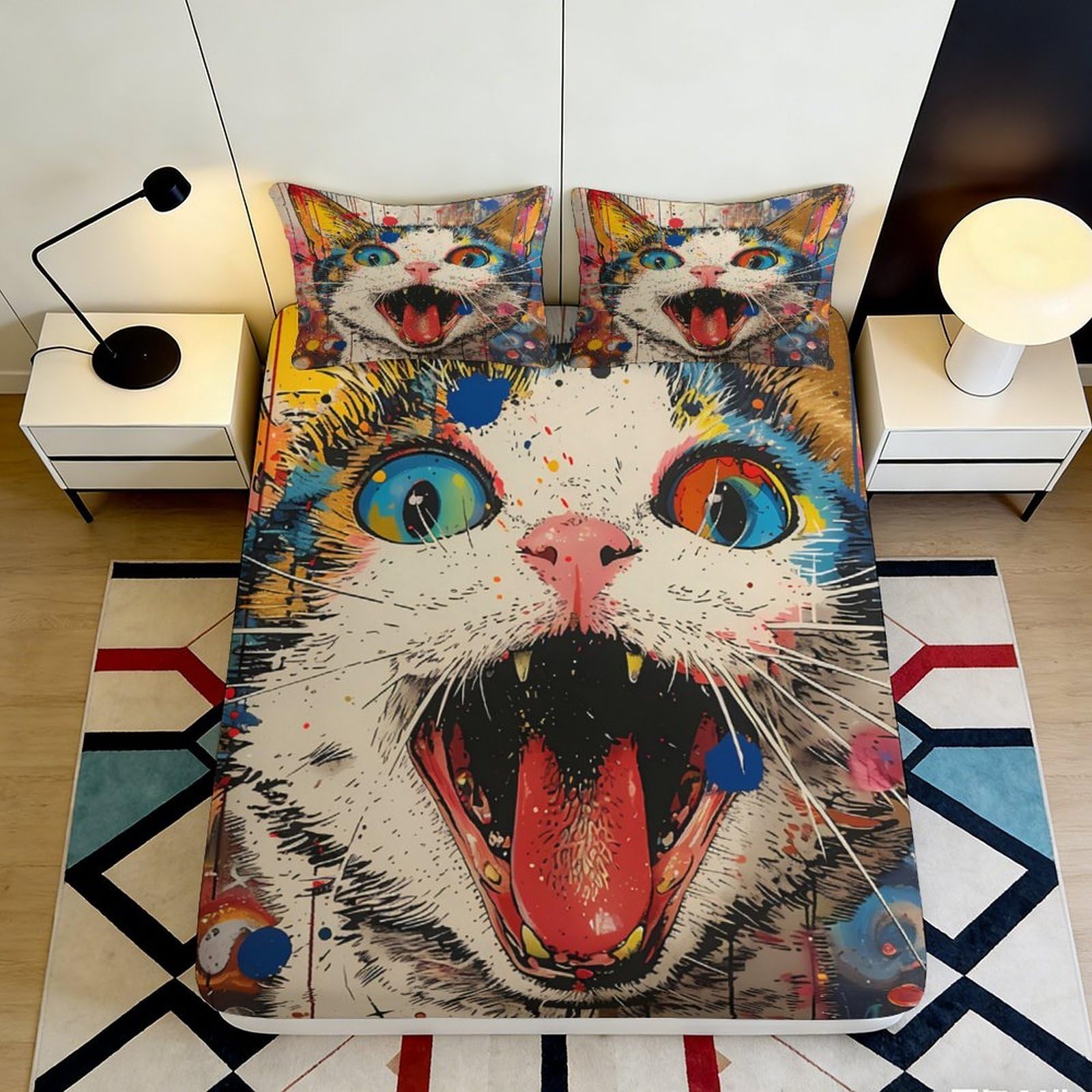 3D Printed Artistic Cat Pattern Fitted Sheet Microfiber Deep Pocket Bedroom Bedding Set Non-Slip Cat Mattress Fitted Cover 140x200x25cm