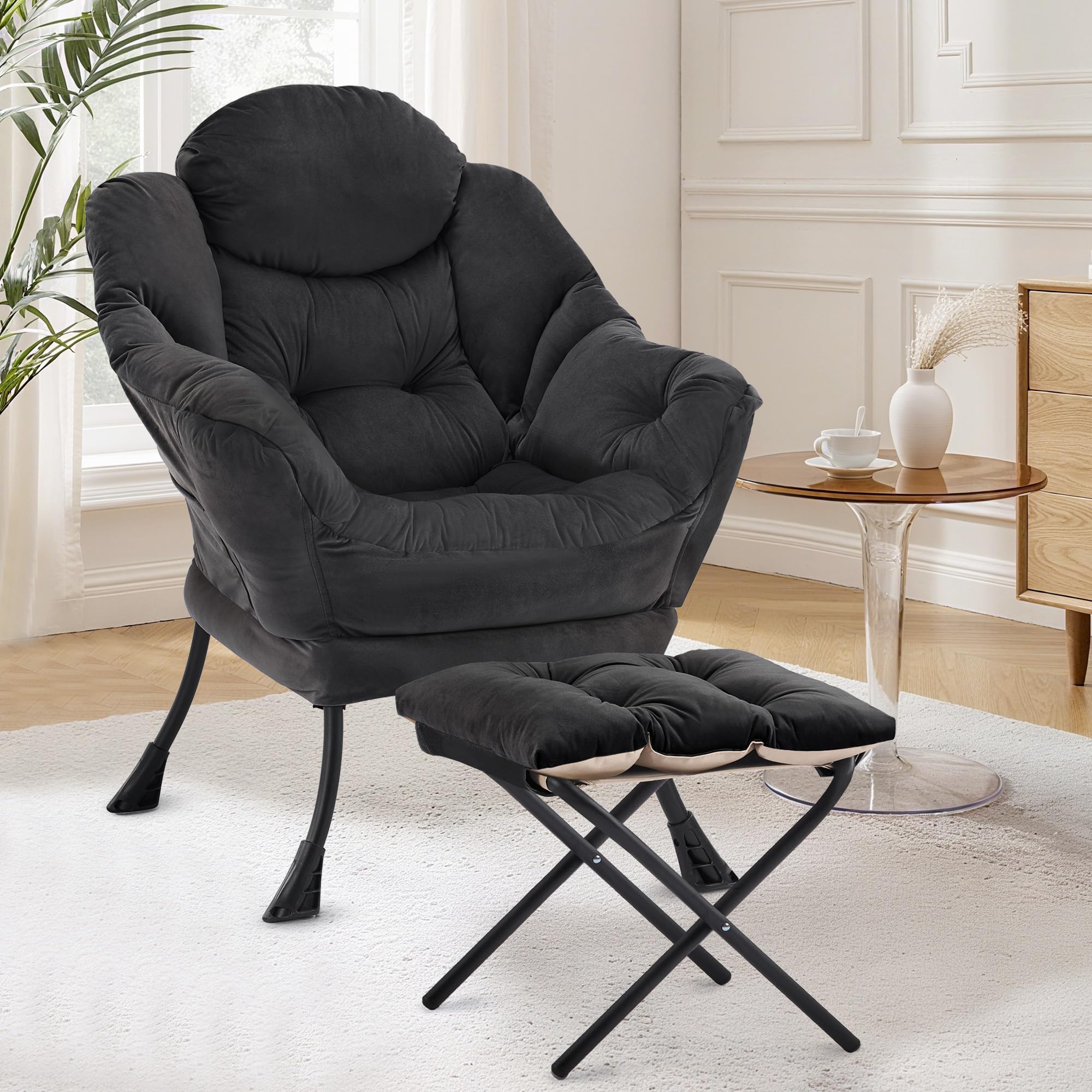 XH.Easy Go Lazy Chair with Ottoman, Accent Lounge Reading Arm Chair with Footstool, Leisure Armchair for Living Room Bedroom Comfy Arm Chairs with Footrest and Side Pocket, Black — image 1