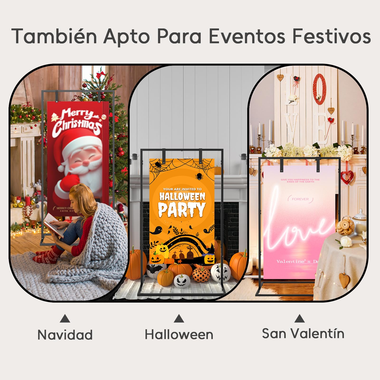 Soporte para letreros de boda, 164 x 76 x 51 cm , soporte de caballete resistente para letrero con 4 correas de cuero, adecuado para tabla de asientos, recepción, carteles y decoración (Negro)