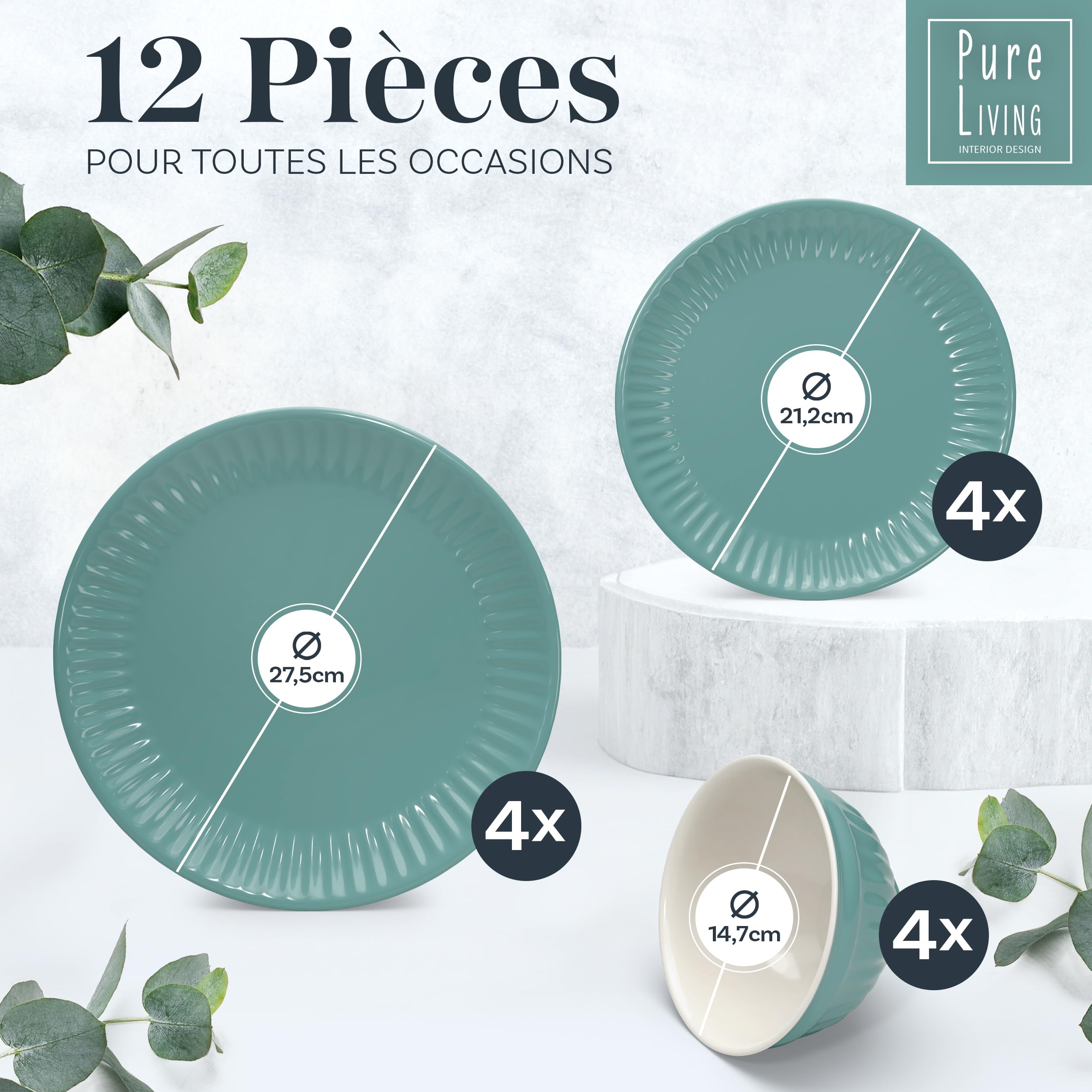 Hygge 12-częściowy zestaw naczyń z kamionki, zwycięzca testu, fantastyczny skandynawski zestaw naczyń z kamionki, zestaw misek i talerzy, serwis stołowy dla 4 osób, zestawy naczyń Pure Living w