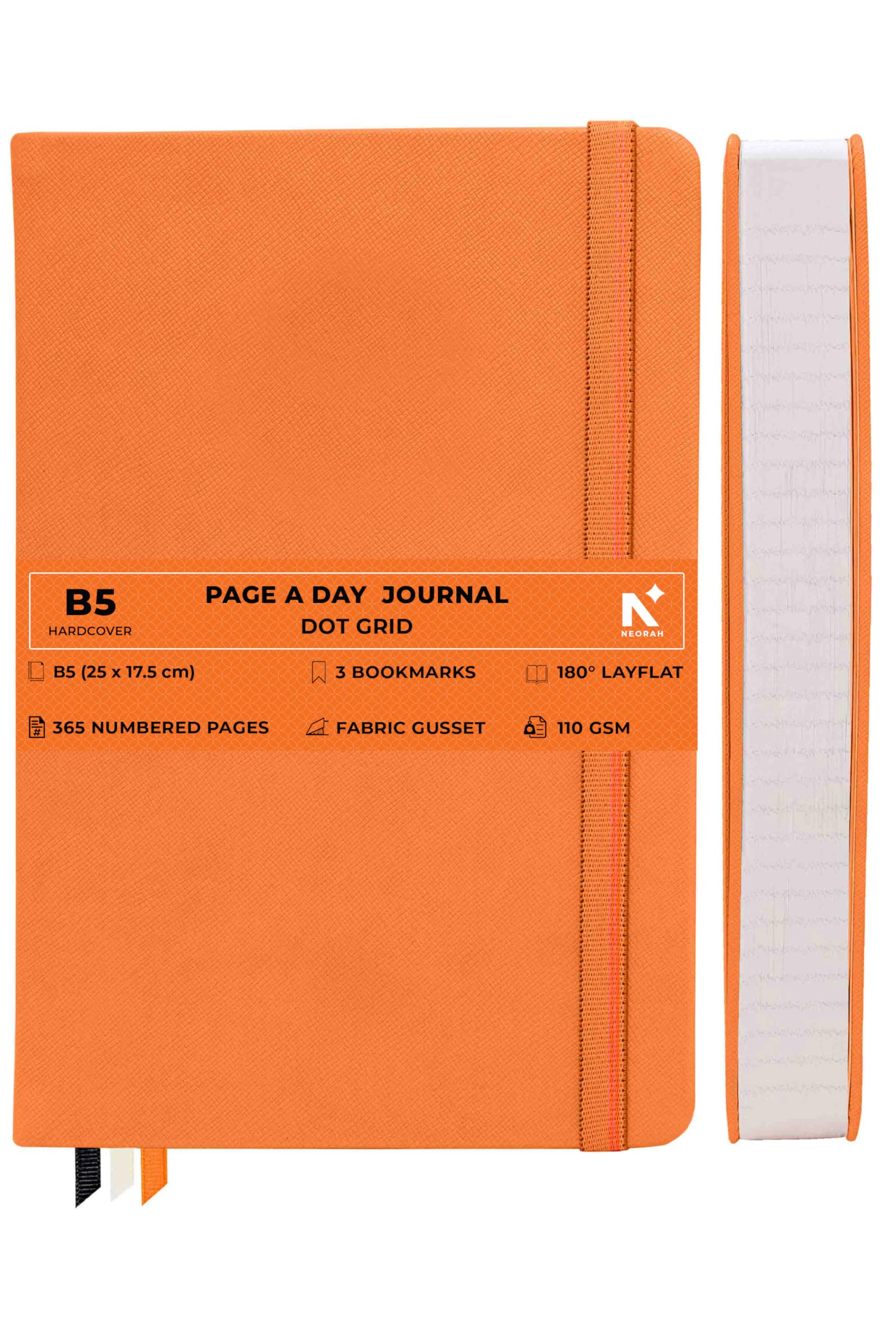 NEORAH —B5 DOTTED | 368 Pages - 110 Gsm | PAGE A DAY JOURNAL (25x17.5 cm)-Hardcover Dot Grid Notebook |Back Pocket |3 Silk Book Mark - Completely HANDMADE for Journaling,Note Taking- ORANGE