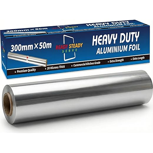ReadySteadyServe Premium Heavy Duty Aluminum Foil New Box | 50m x 30cm Wide Roll, 20 Microns Thick | Commercial Grade & Extra Thick, Strong Enough for Food Service Industry (Original with New Box)