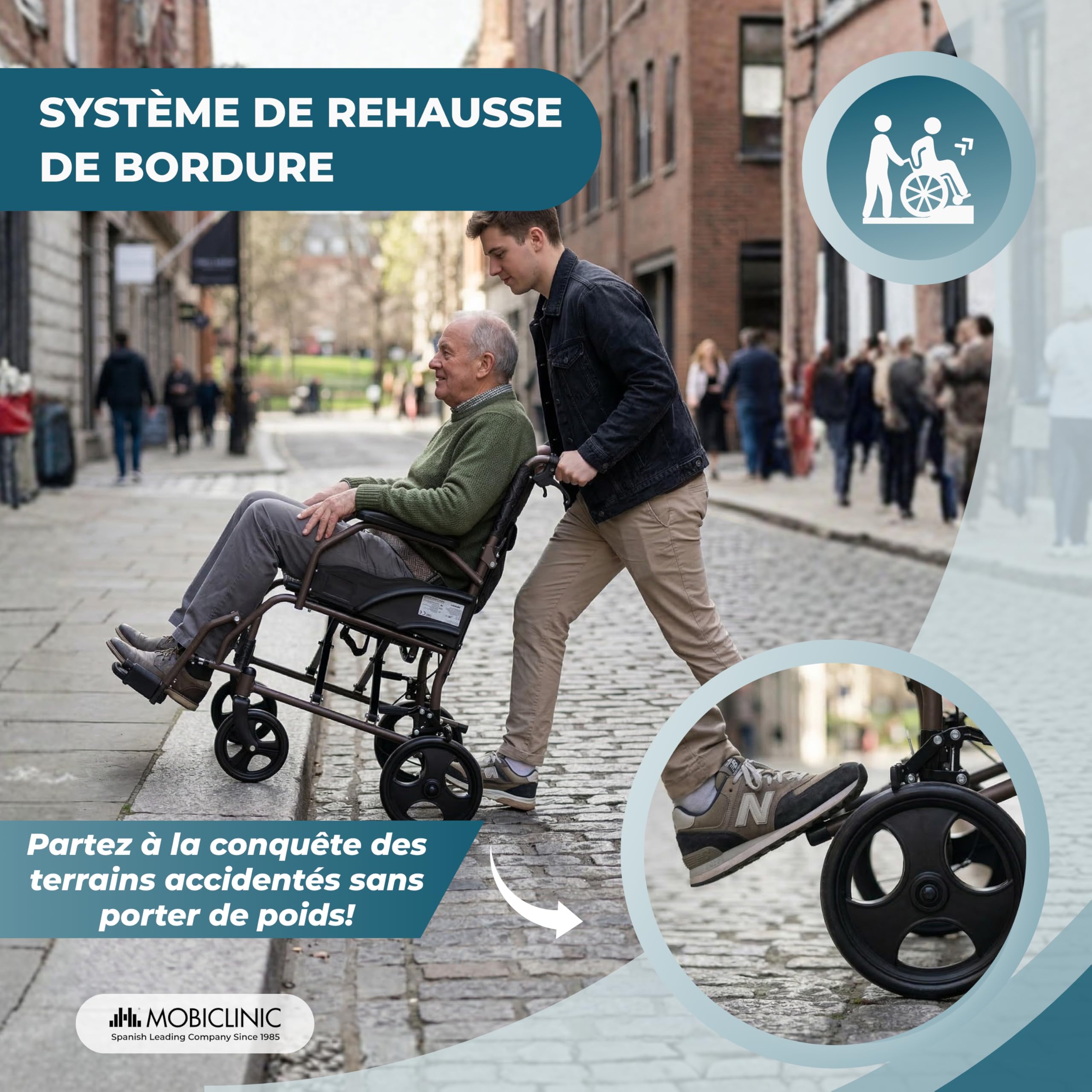 Mobiclinic®, Fauteuil Roulant Pliant, de Transit, Dossier et Repose-pieds Rabattables, Double Système de Freinage, Accoudoirs Rembourrés, Acier, Léger et Compact, Kefren