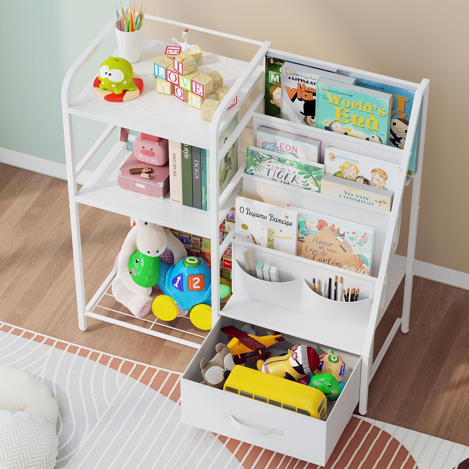 BBLIKE Kids Bookshelf and Toy Storage Organizer - 4 Tier Book Shelf with Movable Toy Box for Kids Rooms, Ideal Bookcase and Toy Organizer for Playroom, Bedroom, Nursery（White）