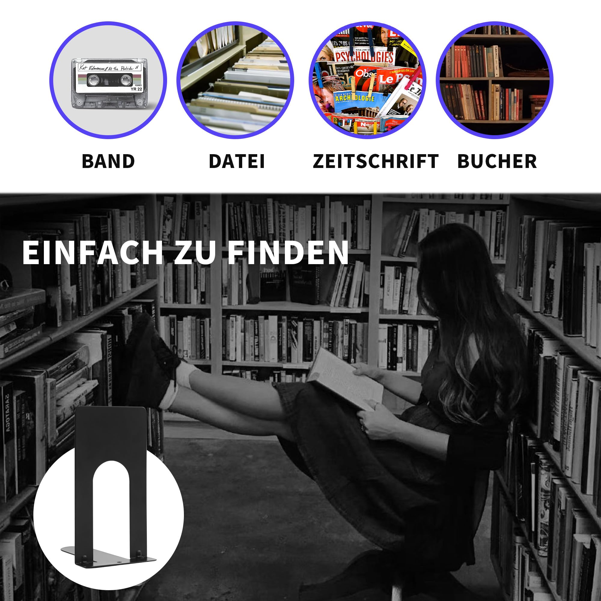 Fermalibri Metallici Neri - 12 Pezzi Antiscivolo Per Librerie, Uffici E Casa