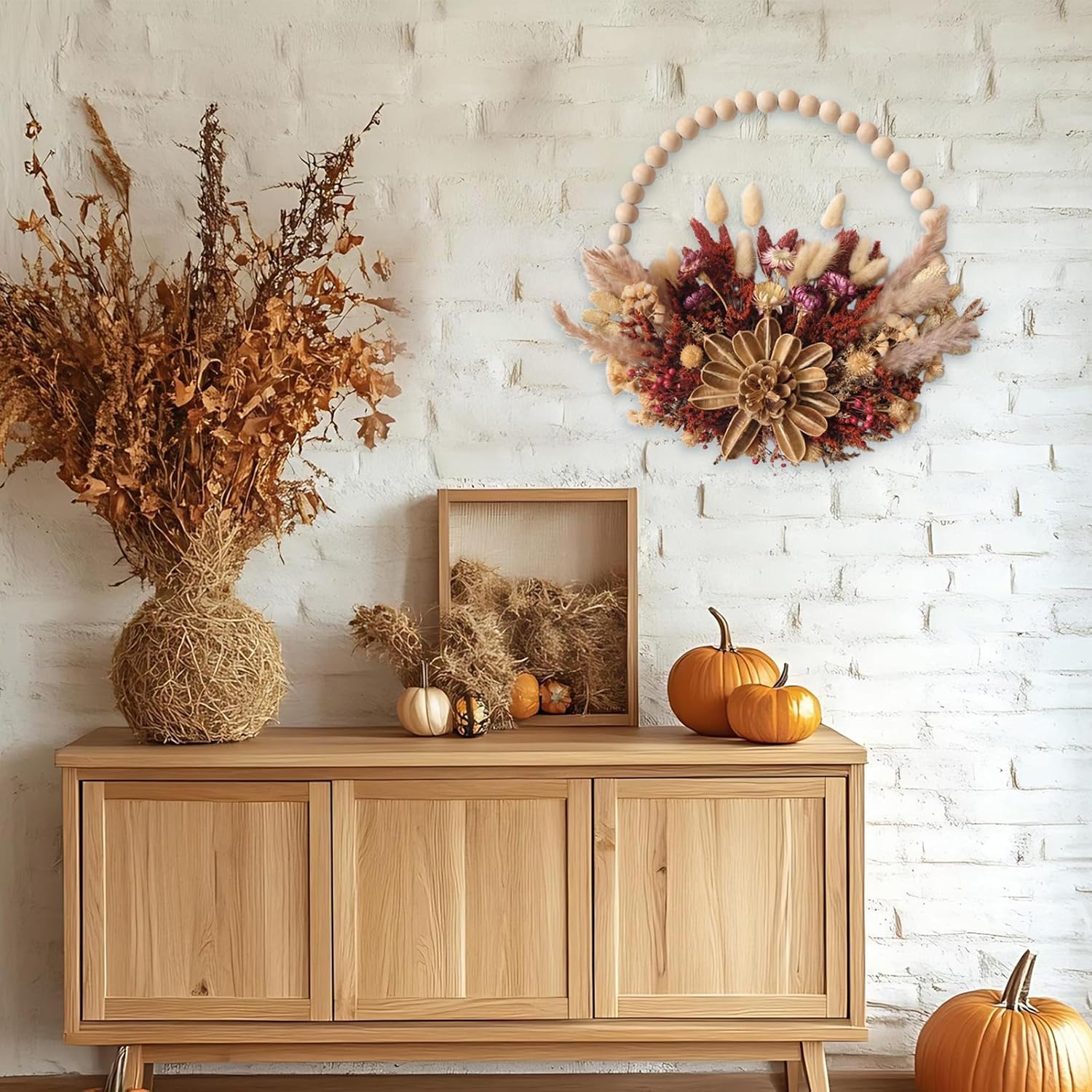 16 Inches idyllic Wood Bead Wreaths for Front Door, Farmhouse Fall Harvest Thanksgiving Wreath, Fall Wall Kitchen Cabinet Decorations, Purple Chrysanthemums Lantana - Image 5