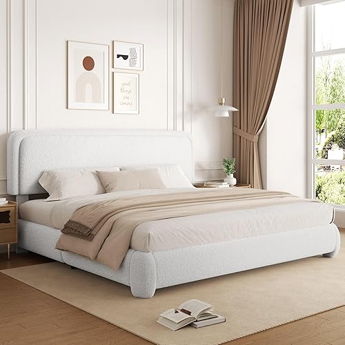 Miniatura 12 de Base de cama de tamaño Queen con plataforma de bouclé, base de cama tapizada tipo nube con cabecera ajustable, esquinas redondeadas anticolisión, no