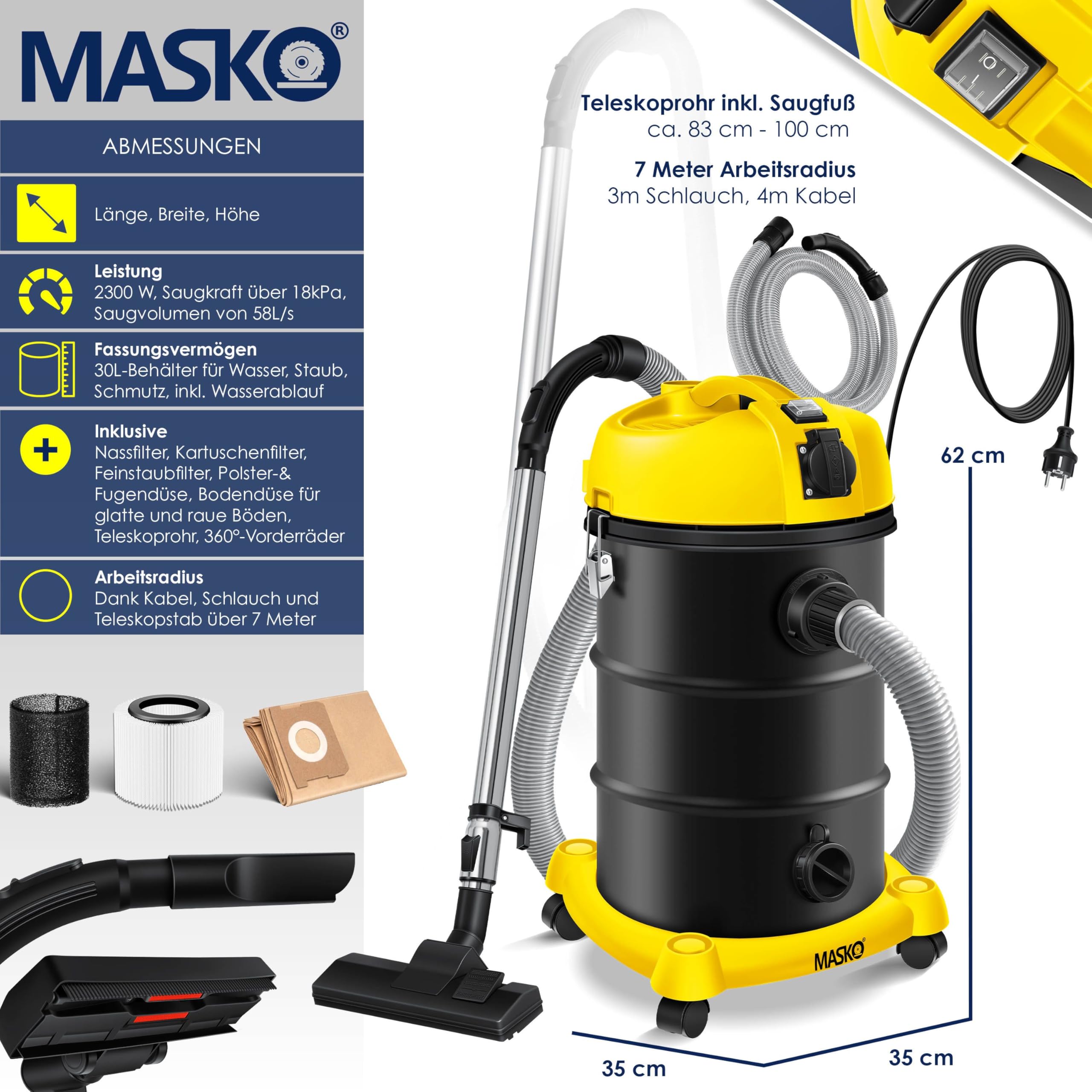 MASKO 6IN1 Industriestaubsauger Nass Trocken 2300W Blasfunktion beutellos Gelb