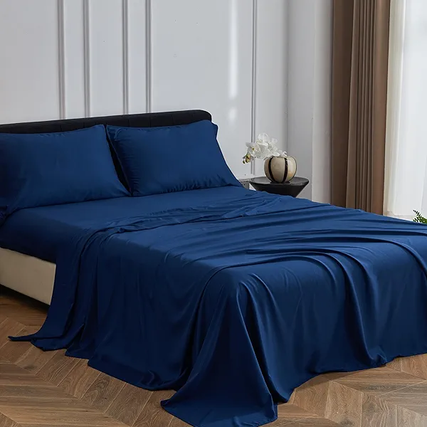 Simple&Opulence 100% Viscose Bed Sheet Set 3 Piece, Breathable Cooling Bedding Set with 15" Deep Pockets, Luxury Ultra Soft for Hot Sleepers (Dark Blue,Twin)