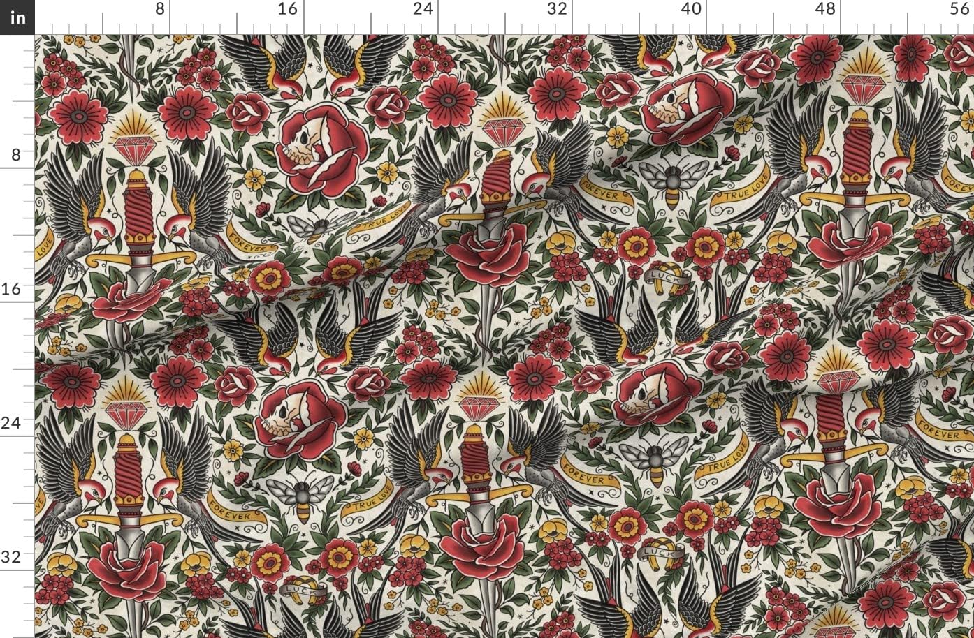 Spoonflower Fabric - Vintage Tattoo Traditional Old School Floral Printed on Organic Cotton Sateen Fabric by The Yard - Sewing Quilting Apparel Home Decor