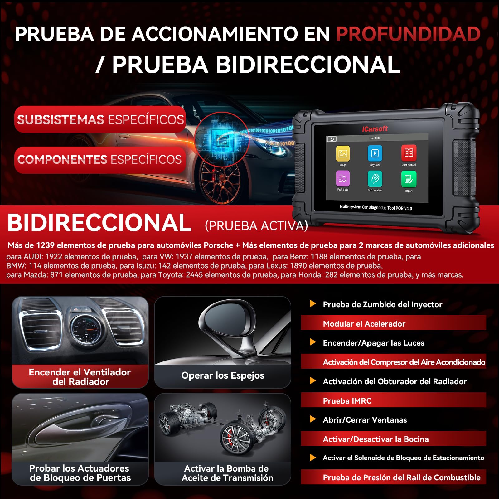 iCarsoft por V4.0 Herramienta de Diagnóstico para Porsche +2 Marcas de Vehículos Extra, Escáner OBD2 con Prueba Bidireccional/26 Servicios (177 Subservicios) +66 Servicios Extra, Registro de Batería