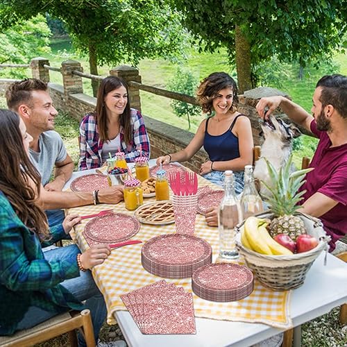 Miniatura 5 de Juego de vajilla de 144 piezas de platos y servilletas de oro rosa, suministros de fiesta de cumpleaños de oro rosa, platos de papel con purpurina