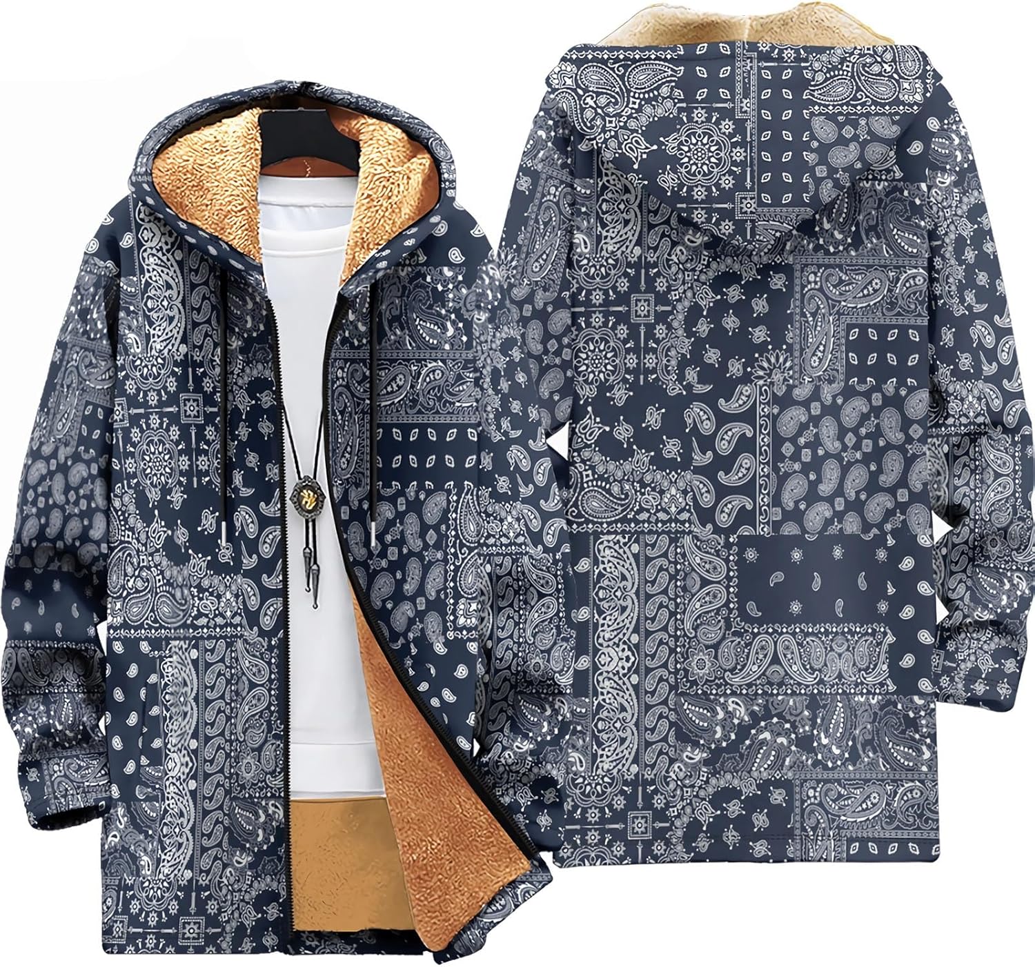 Medieval Western Jacket for Men, Winter Long Sleeve with Fleece Lining Hooded, Vintage Country Aztec Graphic Coat