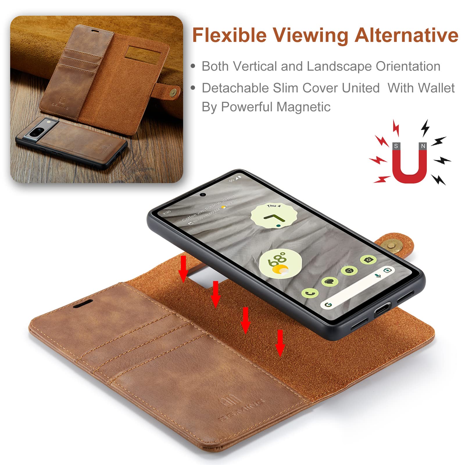 Funda Cartera para Google Pixel 10 Pro con Soporte Plegable, Marrón | Funda Interior Extraíble, Cuero Vacuno de Serraje, 3 Ranuras para Tarjetas y Bolsillo, Cierre Magnético, Soporte Plegable