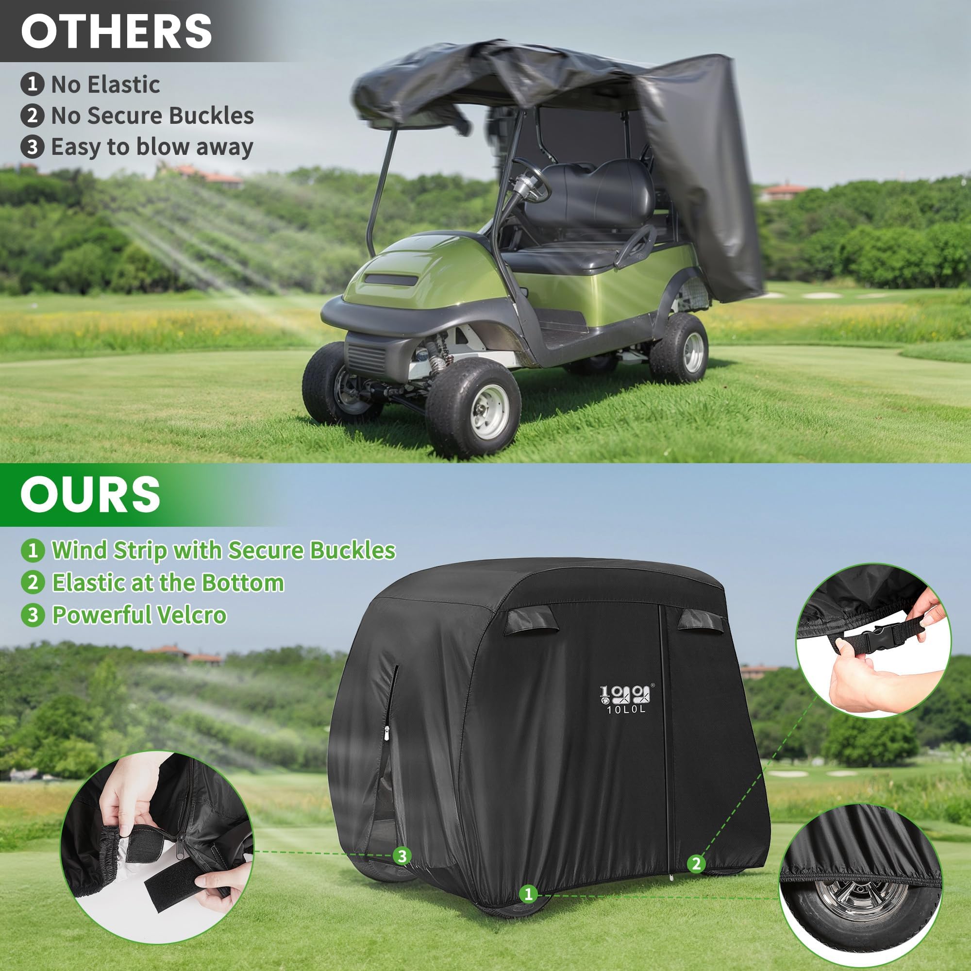 10L0L 4 passeggeri Golf Cart Copertura per Yamaha/EZGO/Club Car, 400D Impermeabile Resistente Custodia in Poliestere con 3 Porte con Cerniera Antivento Sunproof Nero