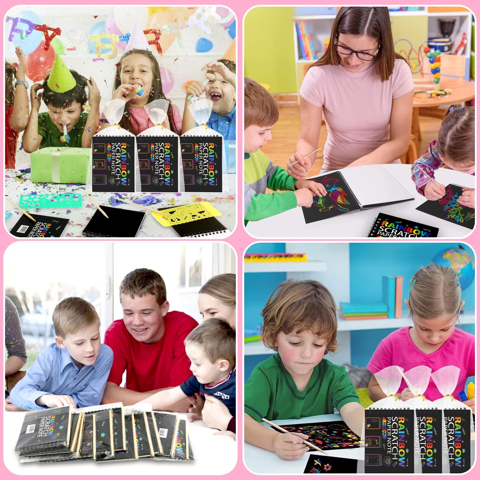 Carte à Gratter Enfant 12 Pack Notes Arc-en-ciel Livre d'Art à Gratter avec Stylo Bambou