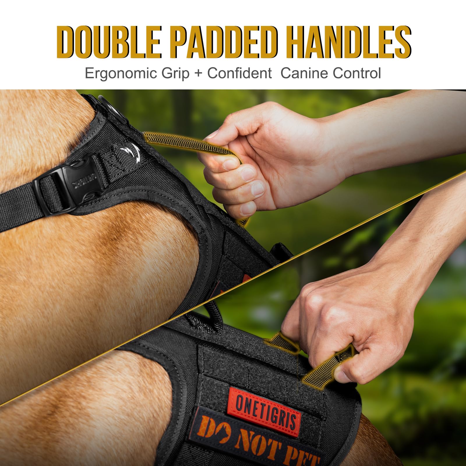 OneTigris Dog Harness, Torpedo Tactical Harness with 4 Metal Buckles, 3 Metal D-Rings, 2 Handles and Reflective Stripes, Anti-Pull, Adjustable Safety Harness for Large and Medium