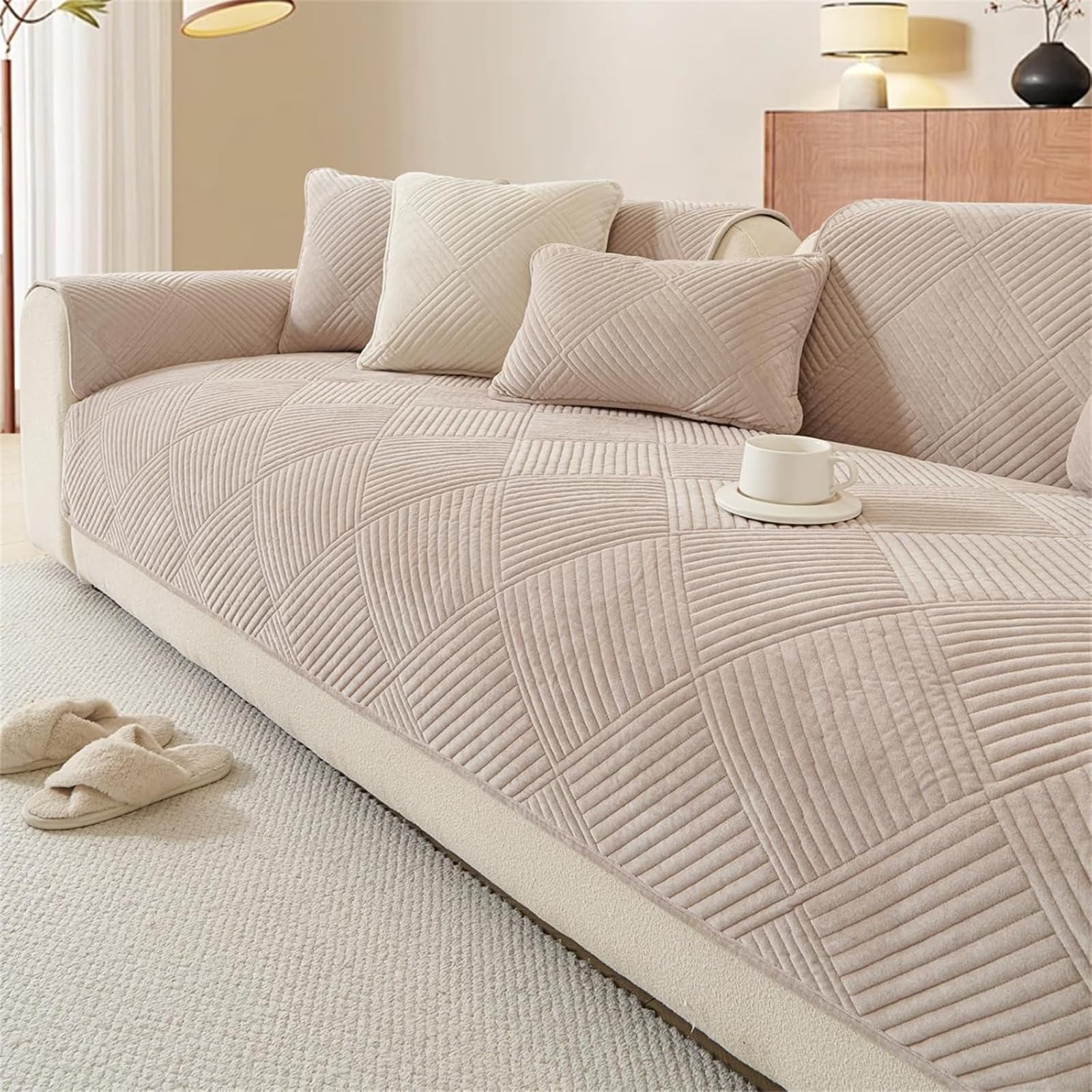 LINGKY Thick Sofa Covers Washable - Soft Milk Velvet Sofa Cover 2 3 4 Seater, Non-Slip Sofa Slipcovers, Sofa Cushion Covers Pet Couch Covers Furniture Protector for Living Room, Khaki,90x180cm — image 1