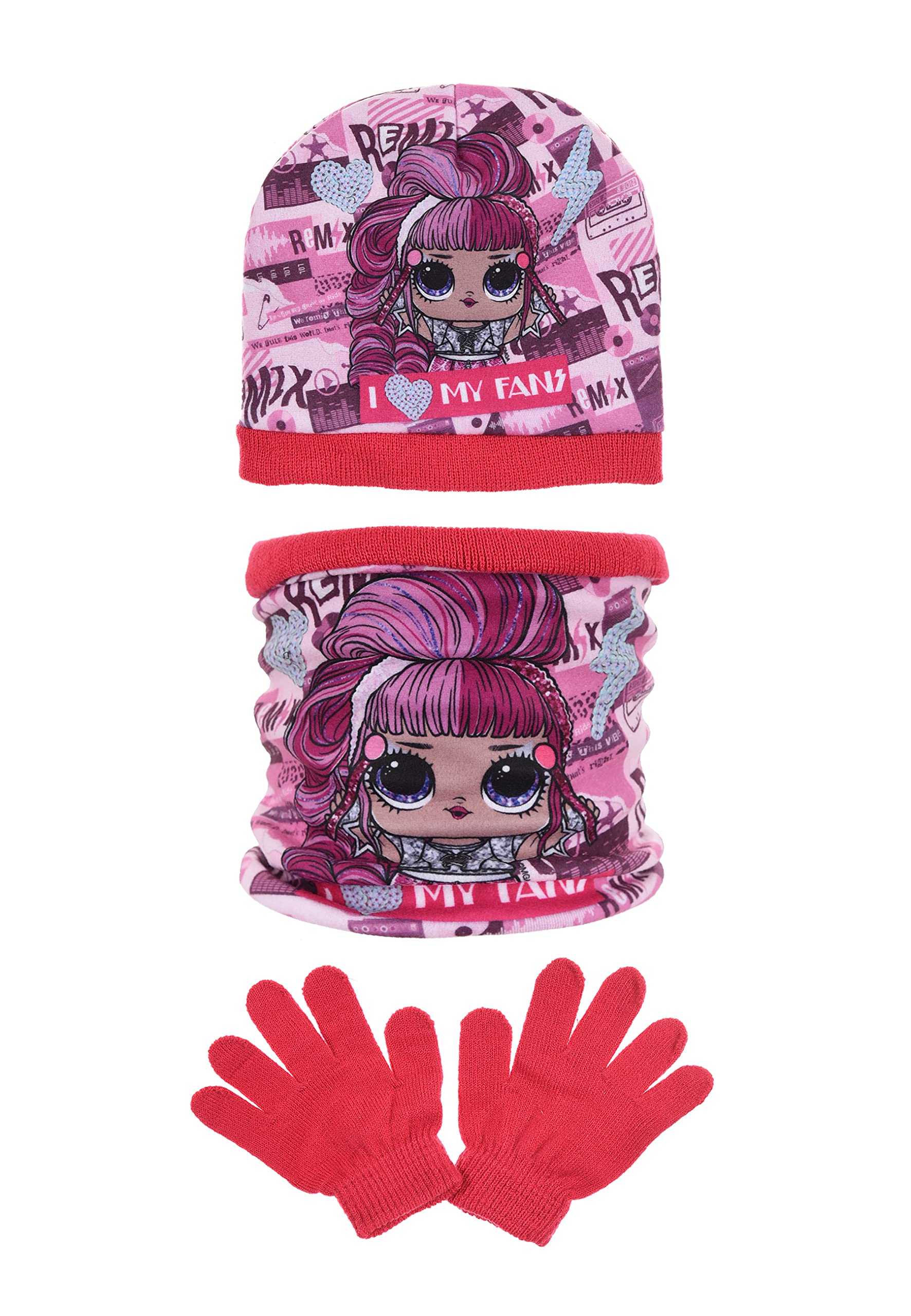 Girls Lol Surprise Winter Hat, Gloves and Neck Warmer Collar Set (54 cm (6-8 Years), Pink)
