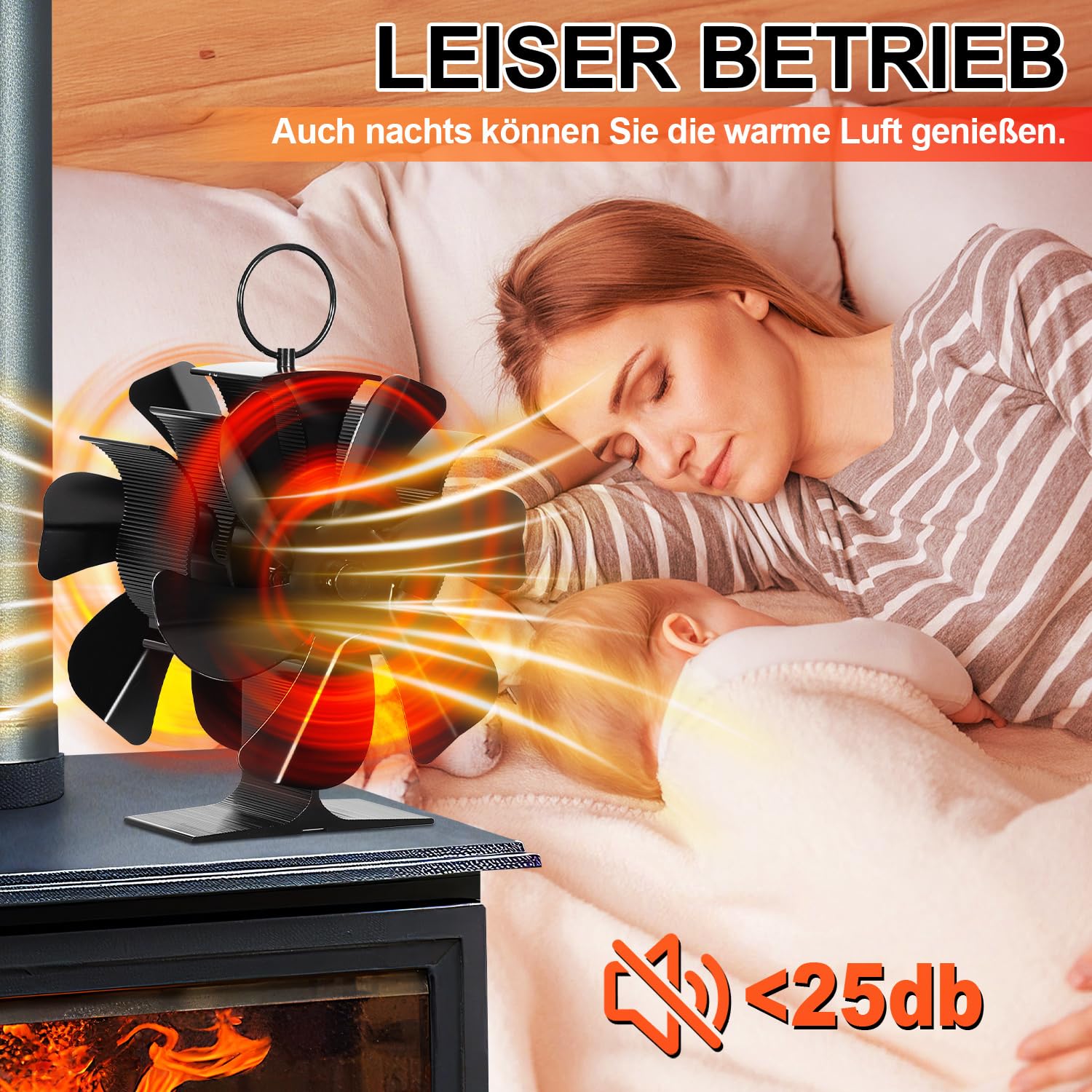 Ventilatore da camino a 6 fogli, doppio lato, senza corrente, per camino, silenzioso, con termometro magnetico, per braciere in legno, tubo da forno (2 pezzi)