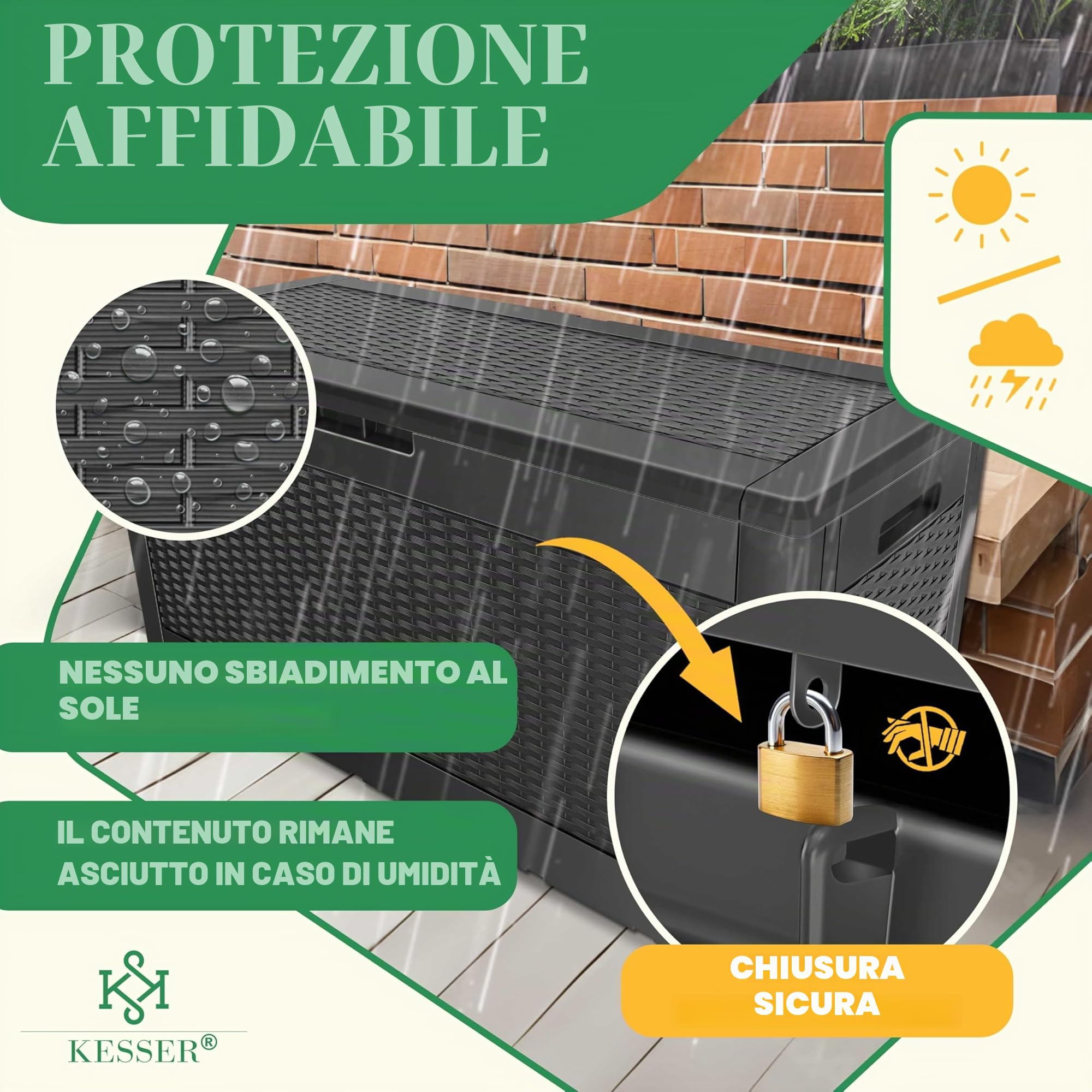 KESSER® Box portacuscini Baule Contenitore per Cuscini da 310 Litri con rotelle, Coperchio Ribaltabile, impugnature, Contenitore da Giardino Resistente alle intemperie Cassapanca
