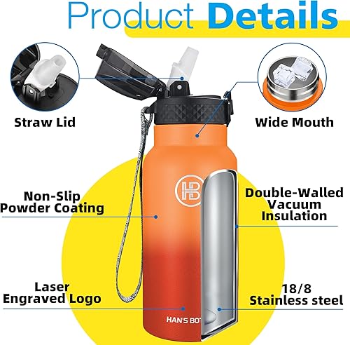 Miniatura 5 de Han's Bottle Botella de agua para niños con tapa con pajilla, vaso reutilizable de acero inoxidable aislado para niñas, niños, taza térmica, 12