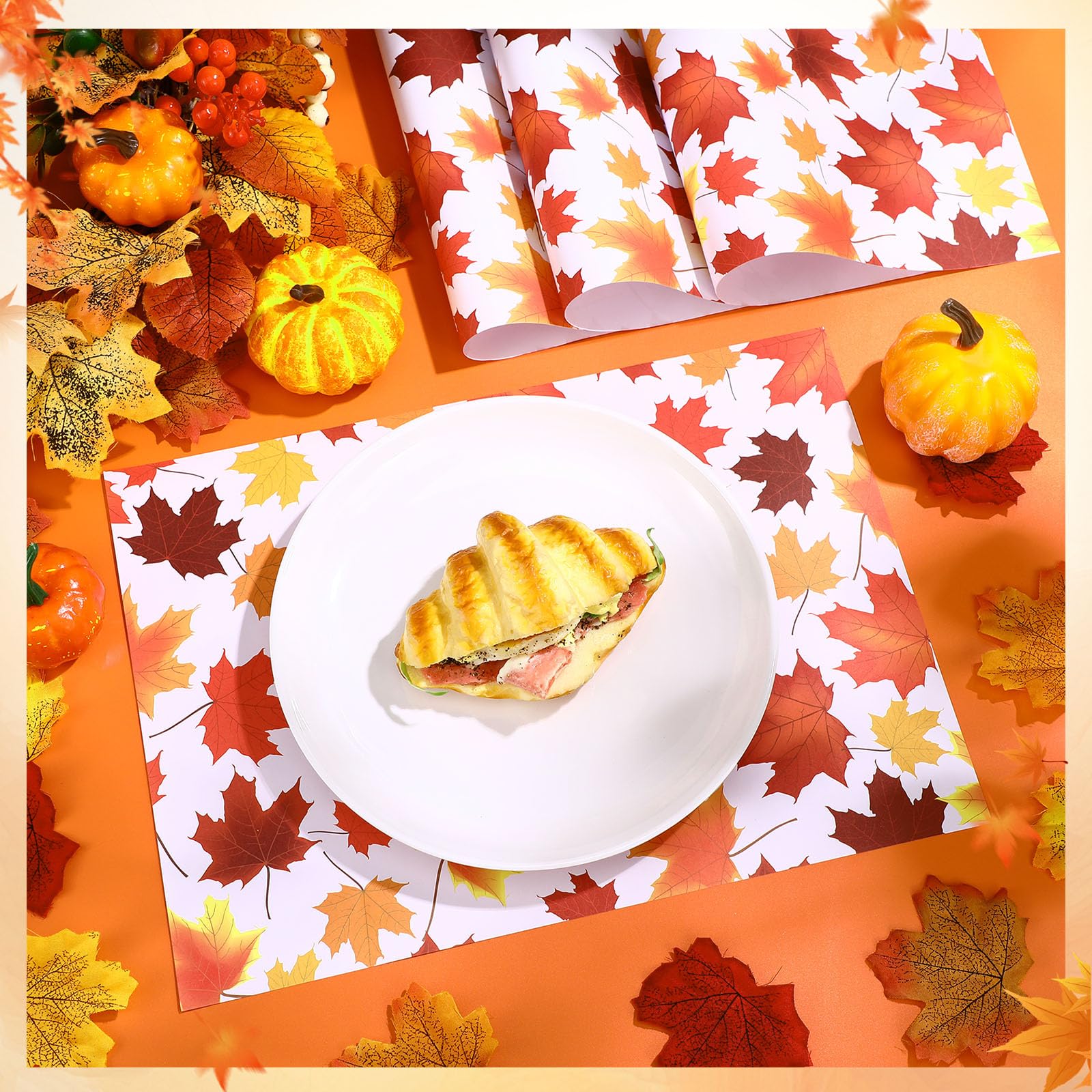 Paquete de 100 manteles individuales de papel de hoja de arce para mesa de comedor, hojas de cosecha, manteles desechables decorativos de otoño para suministros de fiesta de Acción de