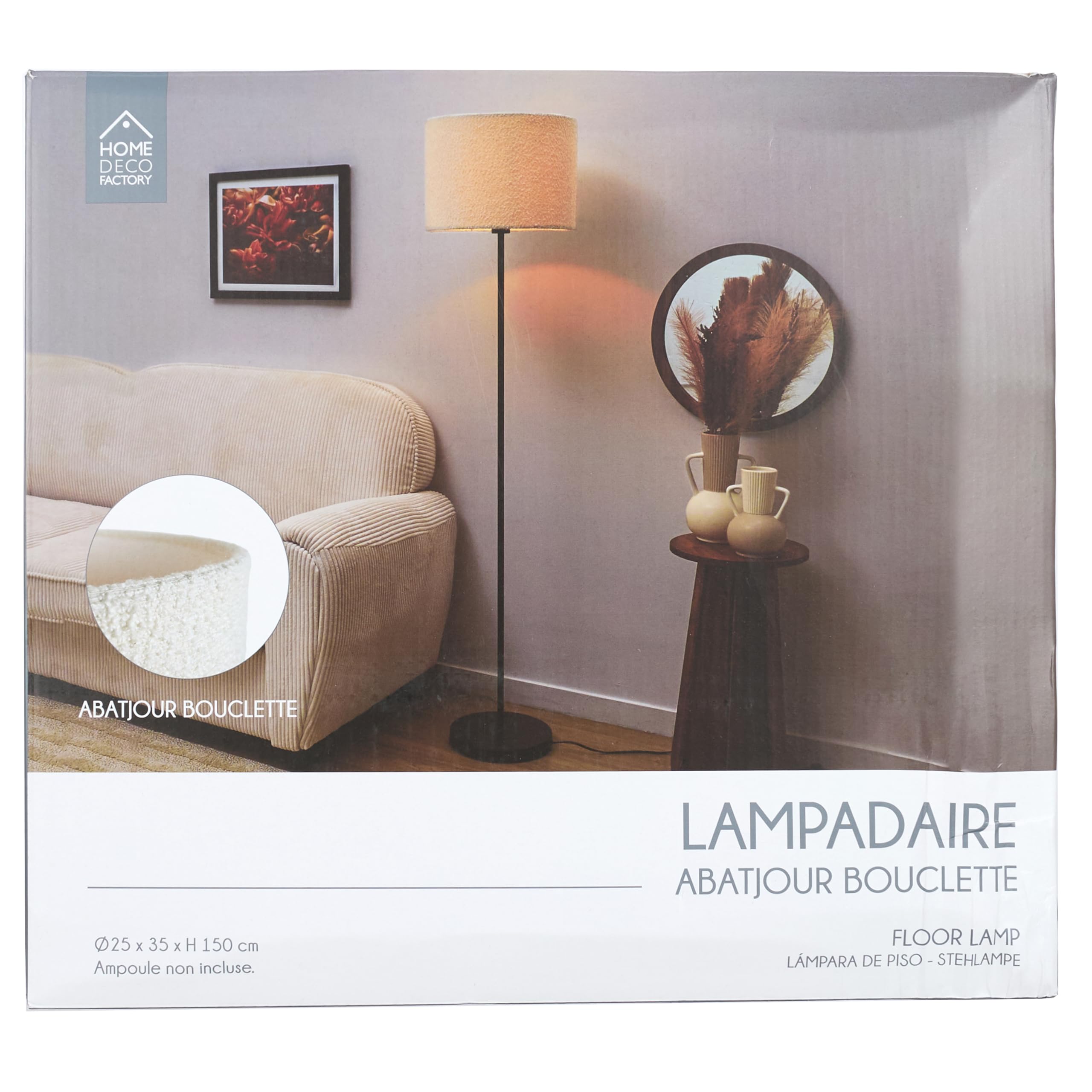 HOME DECO FACTORY, LA0084, Lampa podłogowa z kloszem Bouclette M1, nowoczesny i elegancki design, idealna do salonu lub sypialni, łatwa instalacja, energooszczędna, rozmiar M, kolor czarno-biały