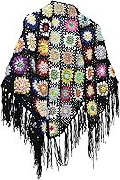 Handmade Crochet Fringed Poncho Cape Shawl Wrap - Granny Square Boho Tassel Sweater Coat for Women 66x29in