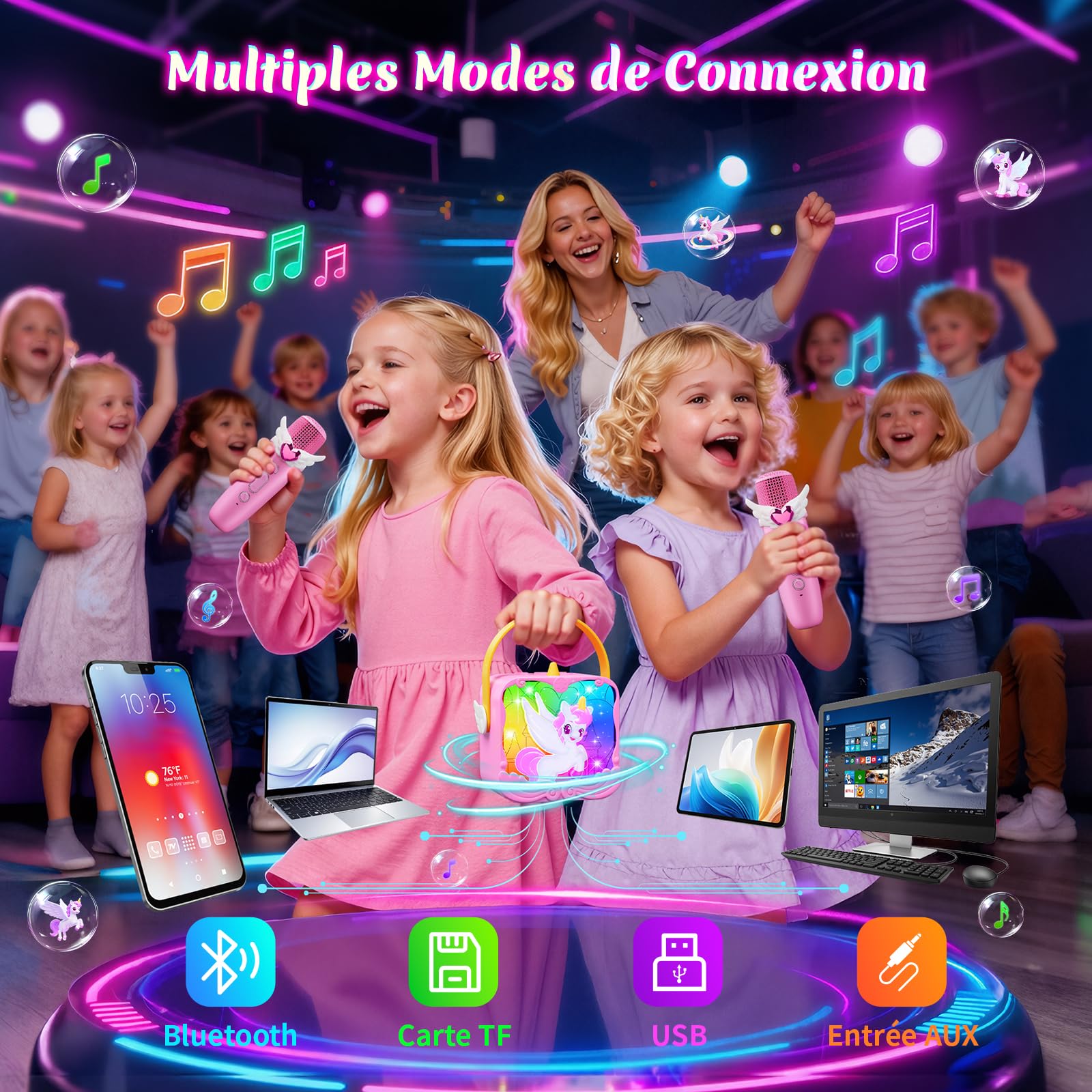 Micro Karaoke Enfant avec Lumineux LED,Licorne Jouet Fille 3-10+ Ans Bluetooth Microphone Sans Fil Idee Cadeau Fille 3-10 Ans Micro Enfant pour Chanter Filles Licorne Sono Anniversaire & Cadeau Pâques