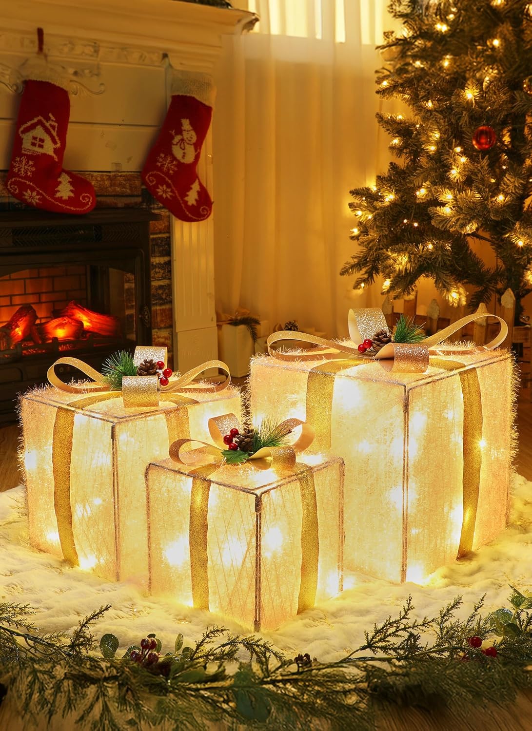 3 Pieces Christmas Decorations Lighted Gift Boxes, 12" 10" 8" Foldable Xmas Gift Boxes with LED Lights, Bows, Berries and Pinecones for Indoor Outdoor Christmas Tree, Yard, Party Decorations