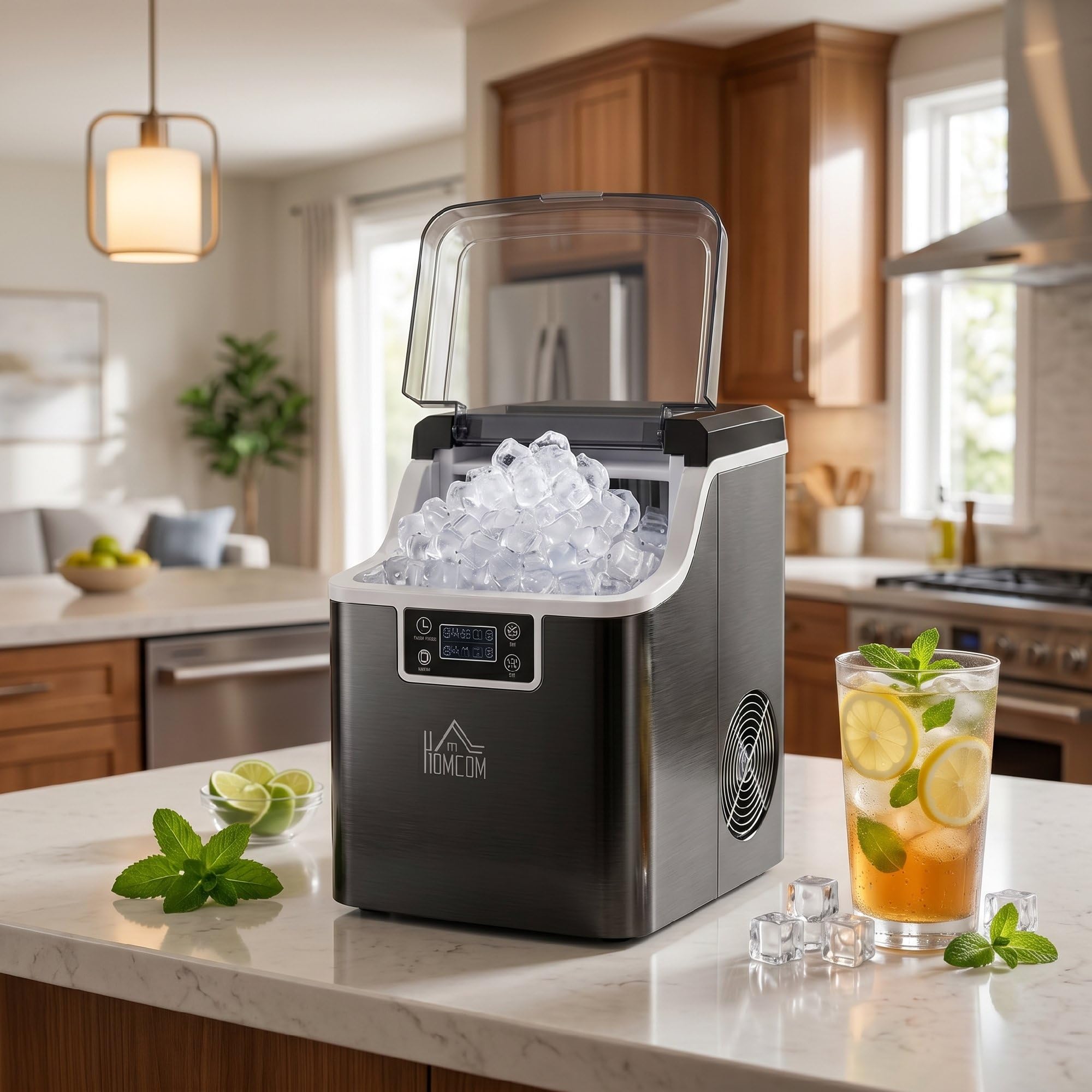 HOMCOM Machine à glaçons, 20 kg en 24h, 24 glaçons en 14-18 min, épaisseur de glaçon réglable, ice maker portable avec fonction autonettoyante, peut charger seau d'eau, pour maison, cuisine, bar, noir