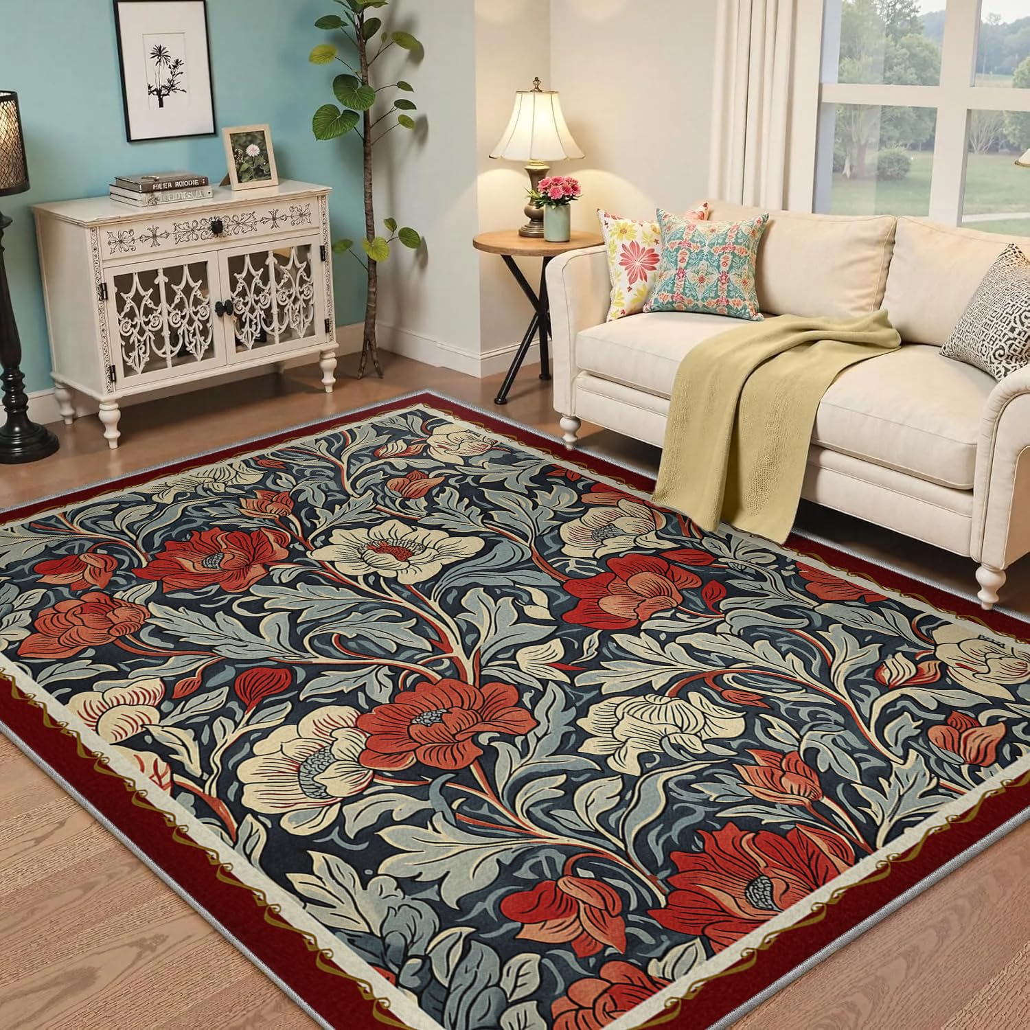 Tapis de salon 120x170cm fin et doux à motif floral classique et envers antidérapant