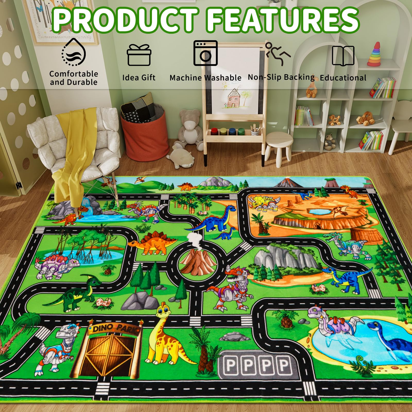 Tapis de jeu pour enfants – Circuit routier, robots et dinosaures 200 × 150 CM Tapis sur le thème du Jurassique pour petites voitures – Idéal pour chambre d'enfant et salle de jeux