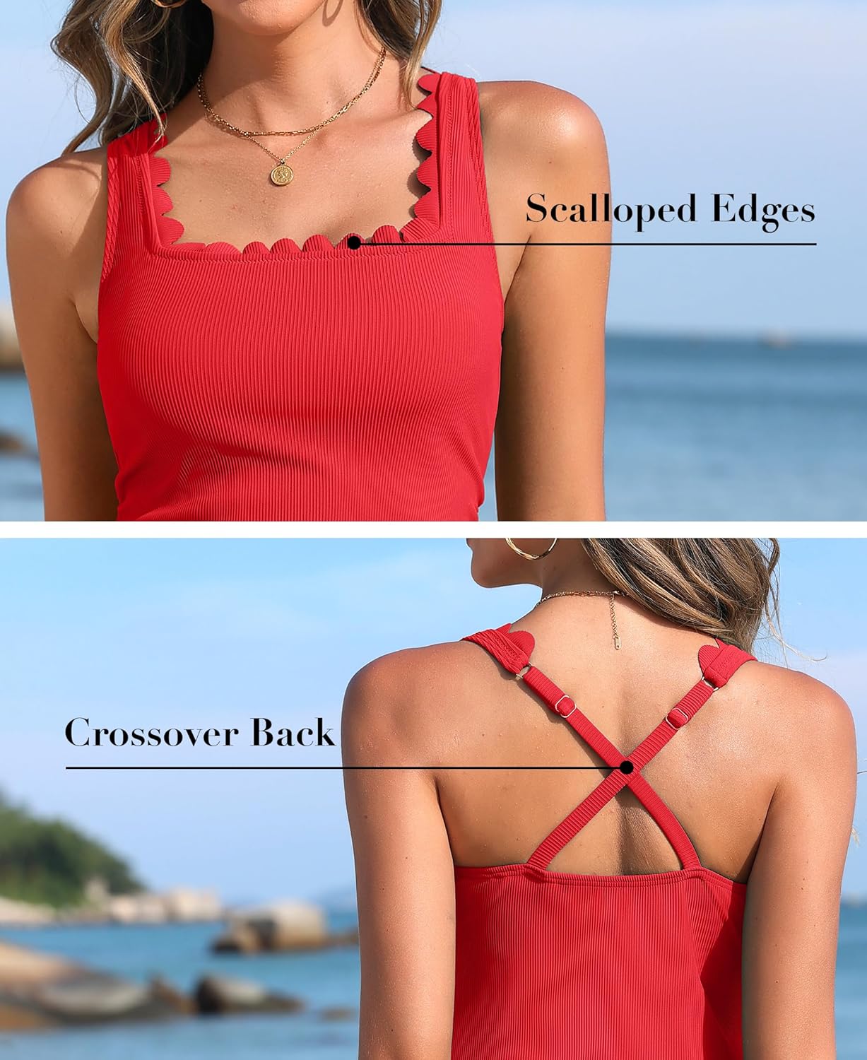 ANFILIA Scalloped Tankini Top Ribbed Bathing Suit Top Women Square Neckline Swimsuit Top - Image 4