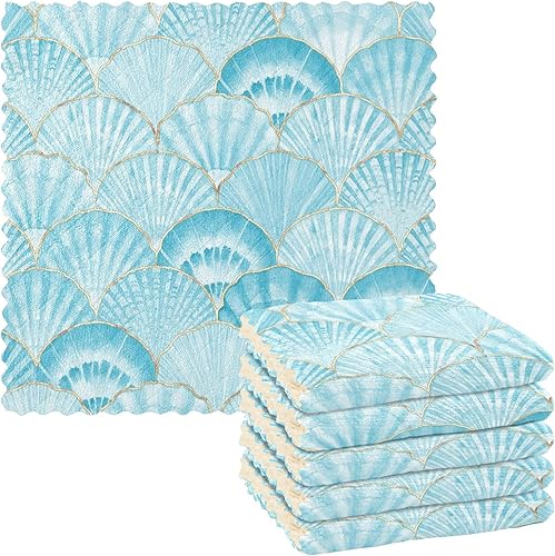 Paños de cocina de playa con conchas marinas japonesas, color verde azulado, paquete de 6 paños de cocina de secado rápido, toallas de limpieza