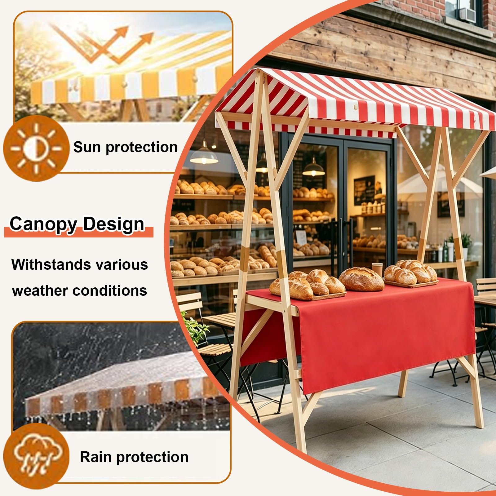 Carretto per Alimenti Pieghevole in Legno con Tettuccio, Banchetto Stile Mercato, Carretto per Venditori Ambulanti, per Eventi E Festival(White,120cm/47.2in)