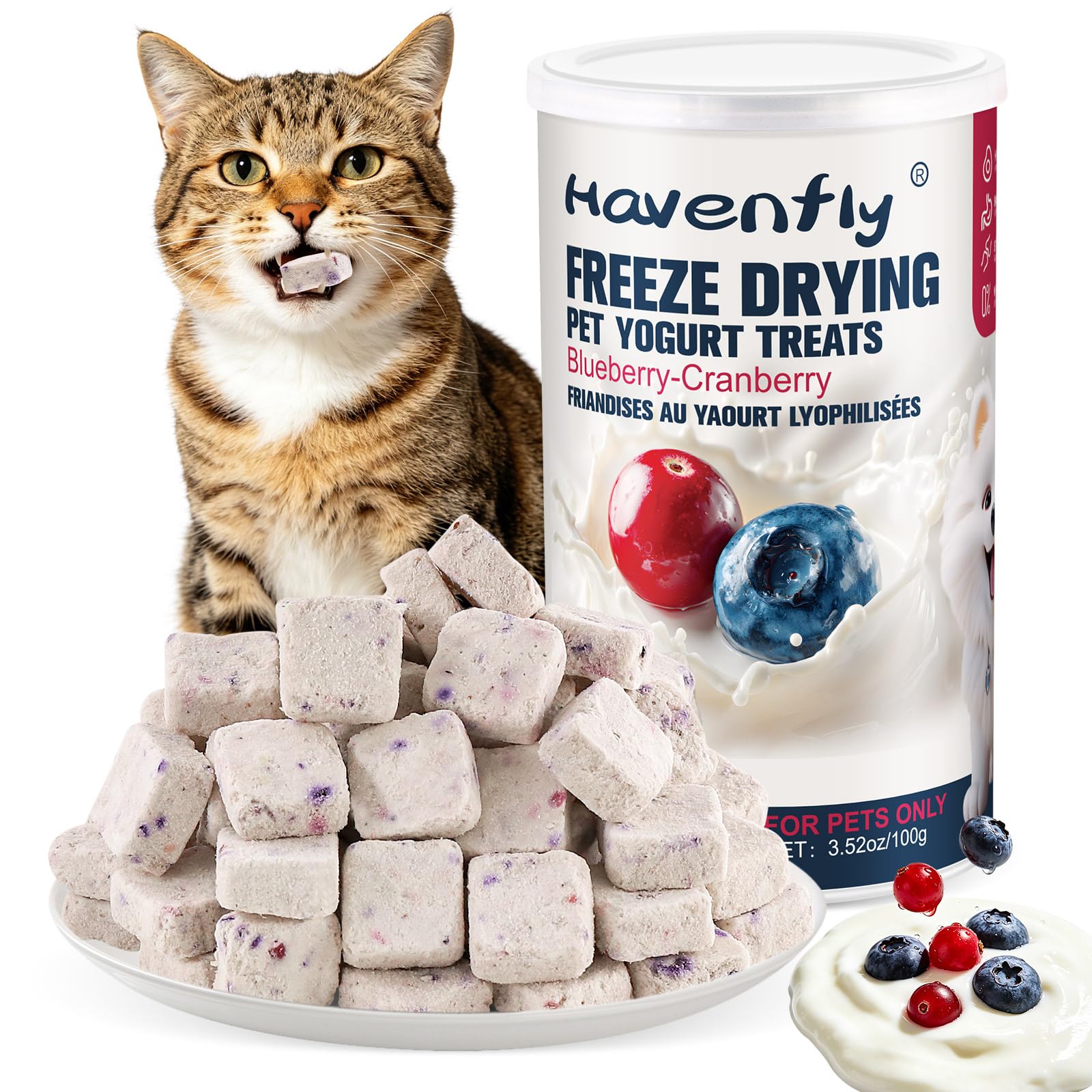 100g Freeze Dried Yogurt Treats for Cats, Cranberry Blueberry Yogurt Snacks with Chicken, Cat Chicken Treats for Immune Health, Sensitive Stomachs