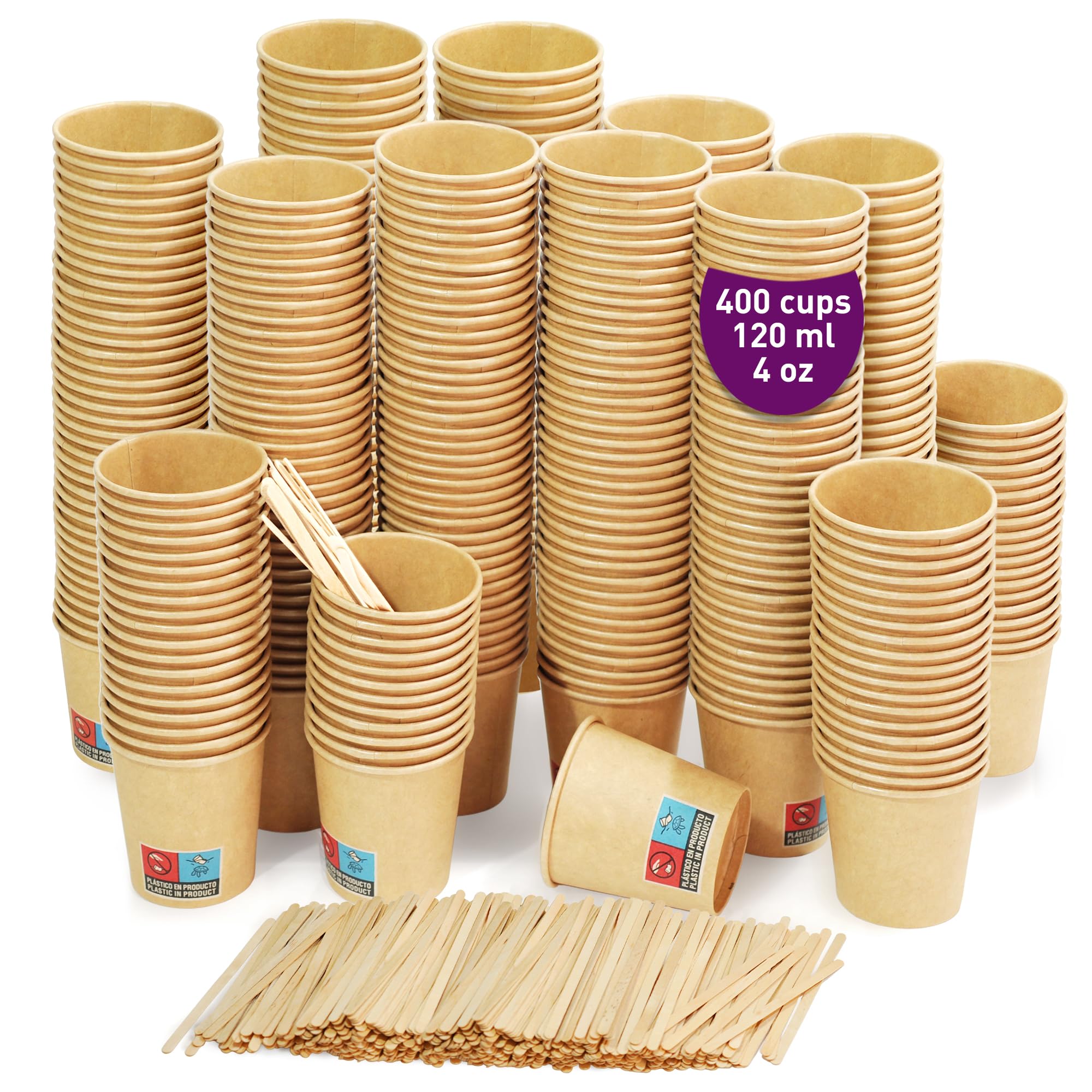 GoBeTree 400 x 120ml / 4oz Kraft Paper Cups Disposable Paper Cups with Wooden Stirrers for Coffee for Hot and Cold Drinks
