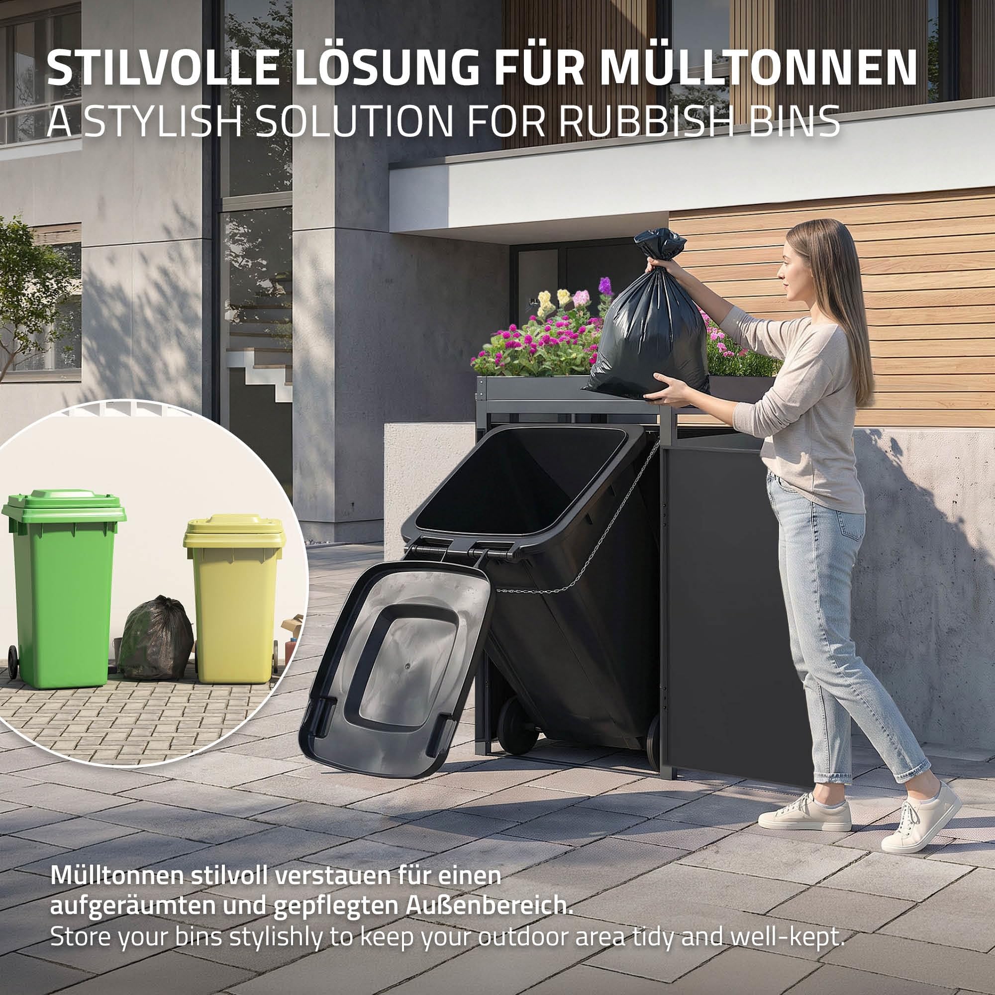 ML-Design Abri pour 1 Poubelle 240L, 68x80x124cm, en Acier, Anthracite, avec Porte à Poignées et 2 Clés, avec Jardinière, Conteneur Extérieur, Moderne, Résistant aux Intempéries, Habillage de Poubelle