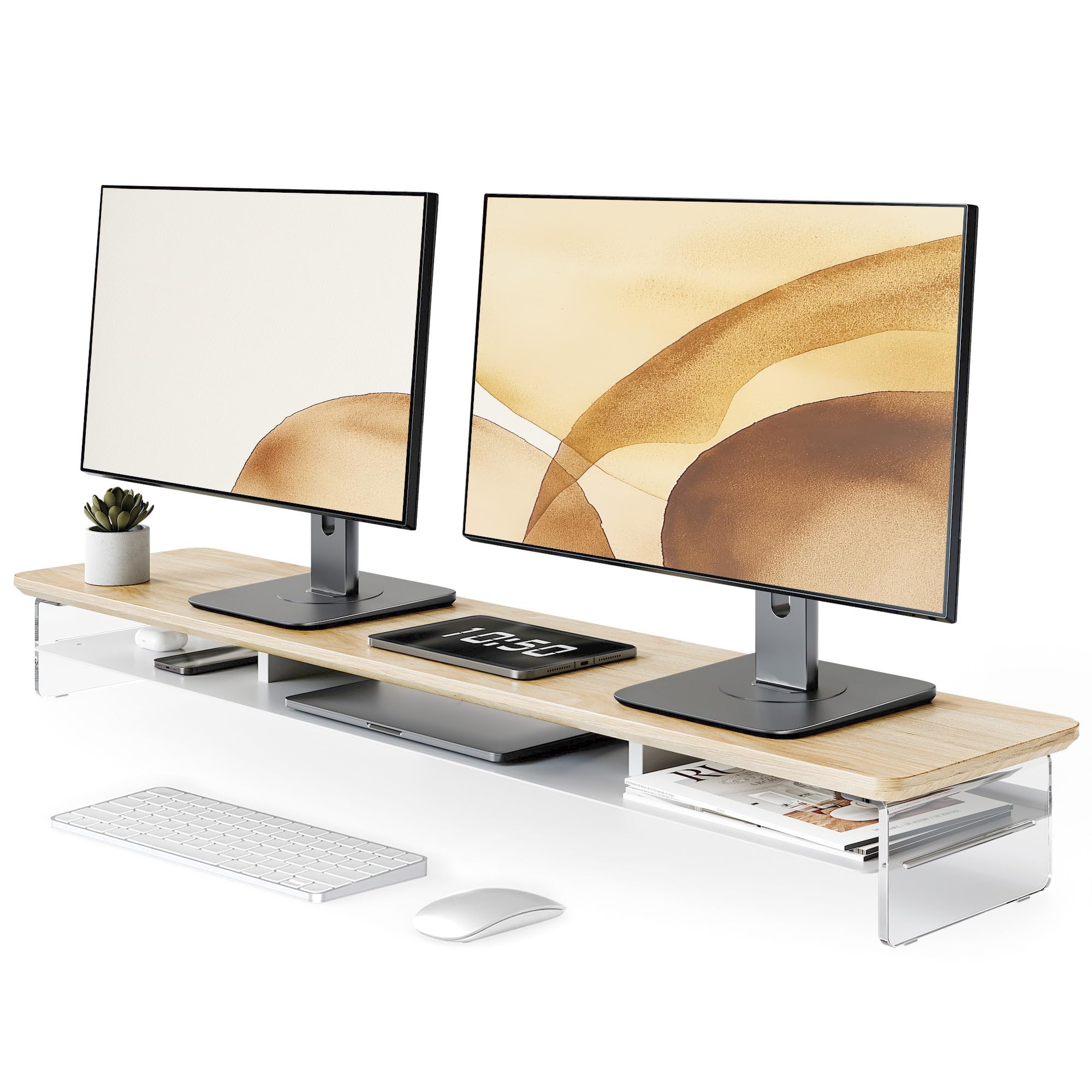 Fenge Support Écran PC Acrylique, Réhausseur Écran PC Bureau Bois et Métal, Adapté aux Ordinateurs, Écrans, TV, Ordinateurs, Imprimantes (Chêne, 108cm)